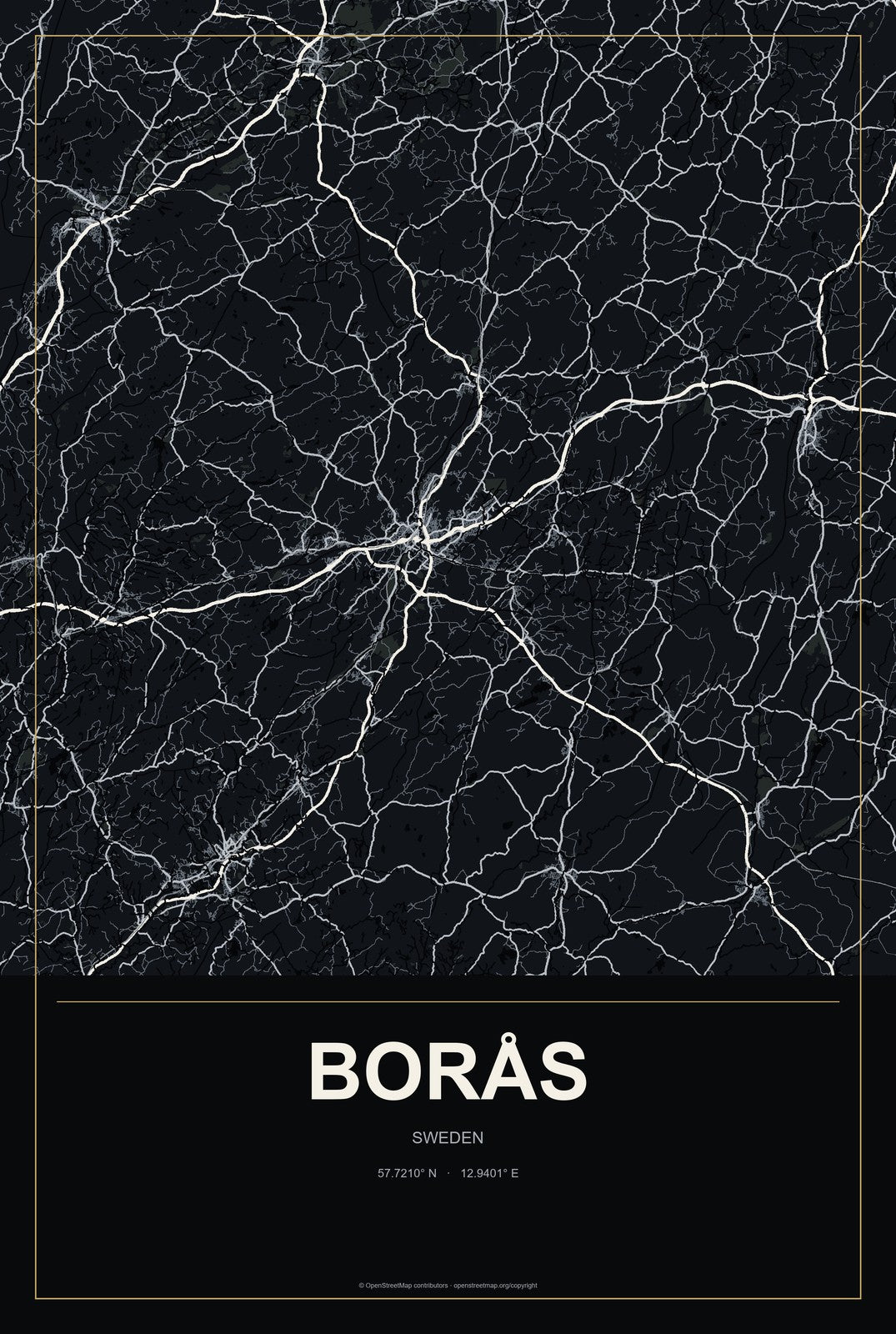 Borås, Sweden City Map Aluminum Sign in Metropolitan Noir style