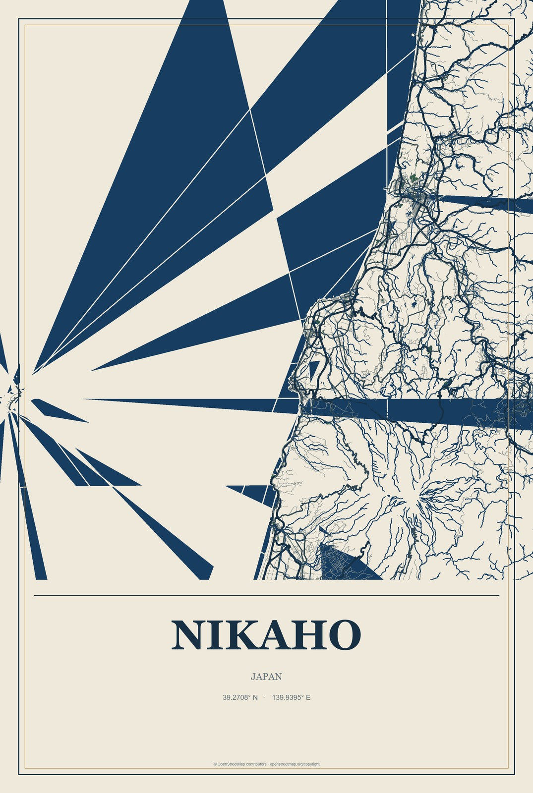 Nikaho, Japan City Map Aluminum Sign in Coastal Cutout style
