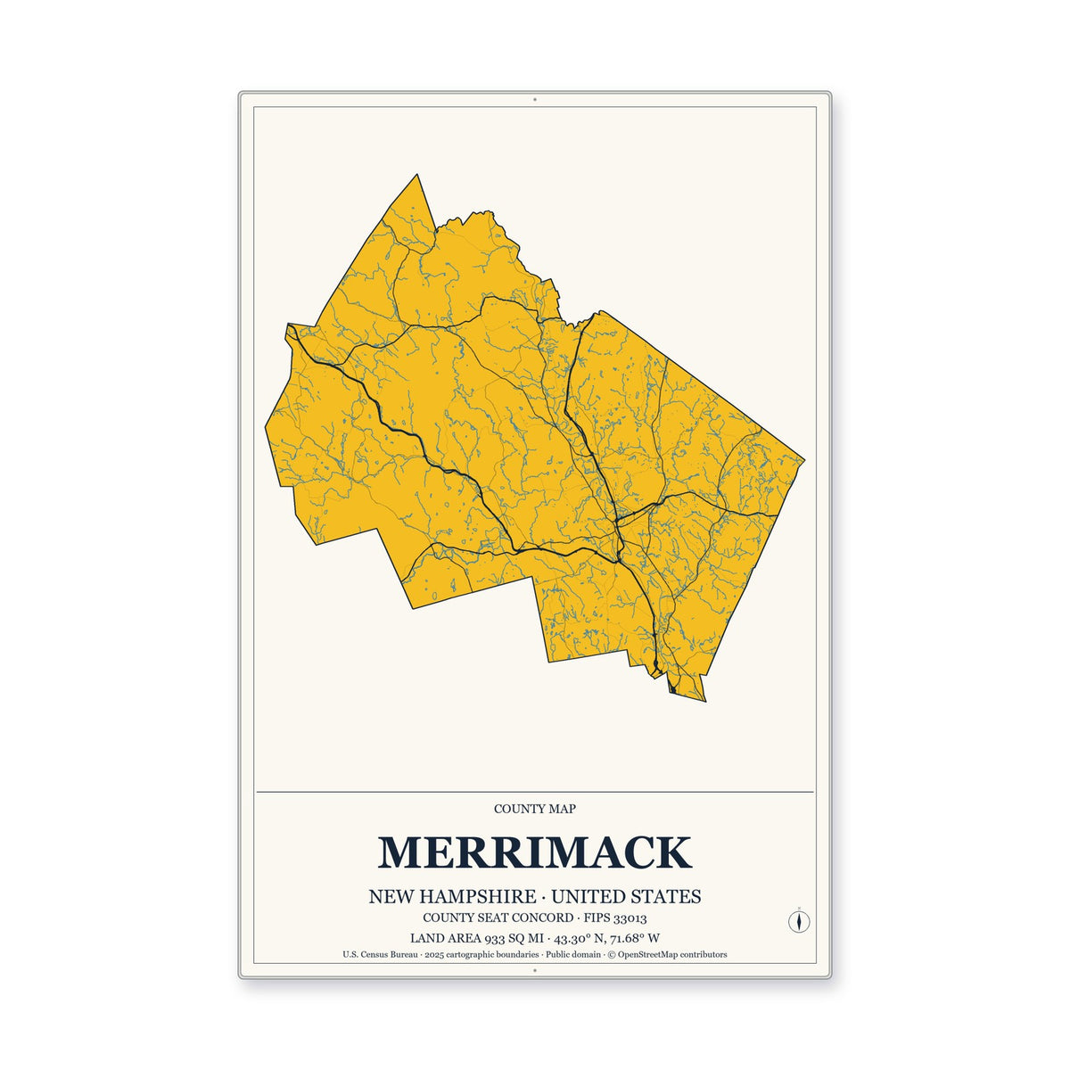 Merrimack County, New Hampshire Map Aluminum Sign in Citrine Modern style