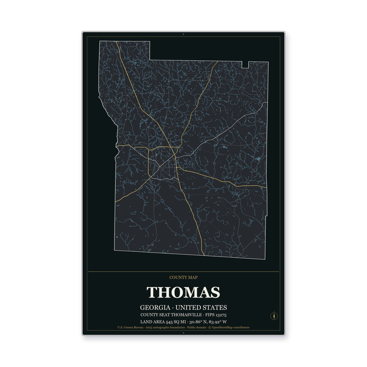 Thomas County, Georgia Map Aluminum Sign in Metropolitan Noir style