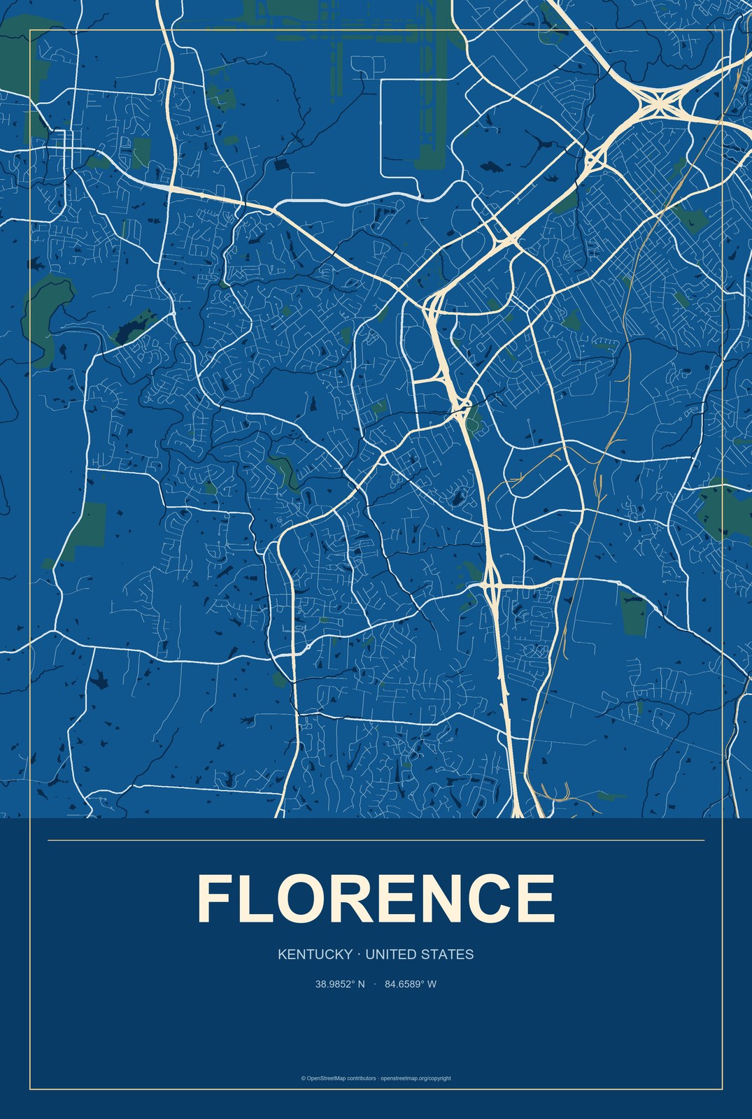 Florence, Kentucky City Map Aluminum Sign in Harbor Cobalt style