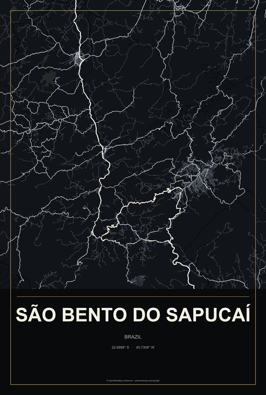 São Bento do Sapucaí, Brazil City Map Aluminum Sign in Metropolitan Noir style