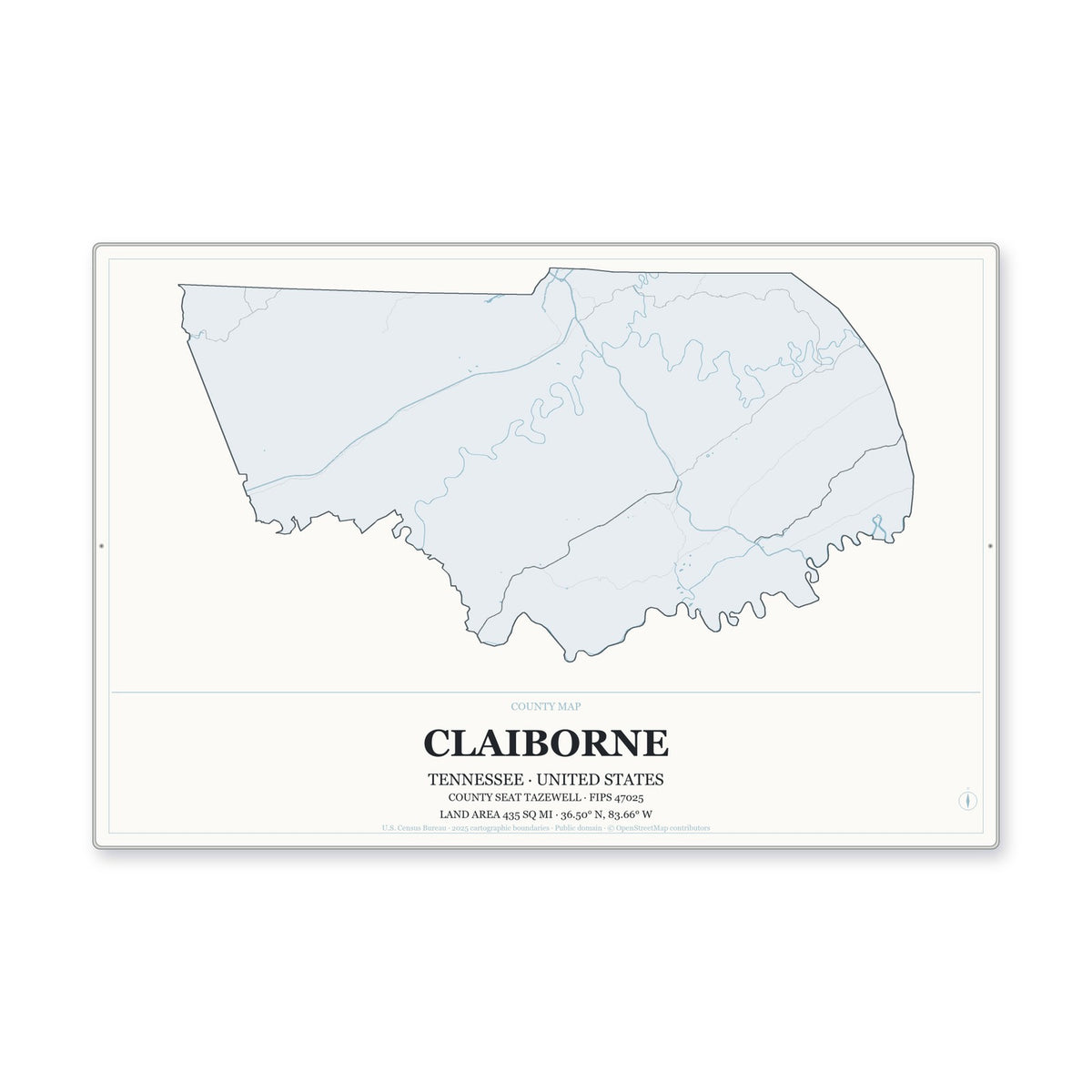 Claiborne County, Tennessee Map Aluminum Sign in Gallery Air style
