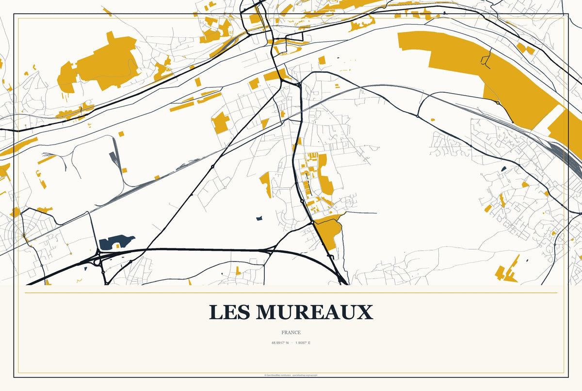 Les Mureaux, France City Map Aluminum Sign in Citrine Modern style