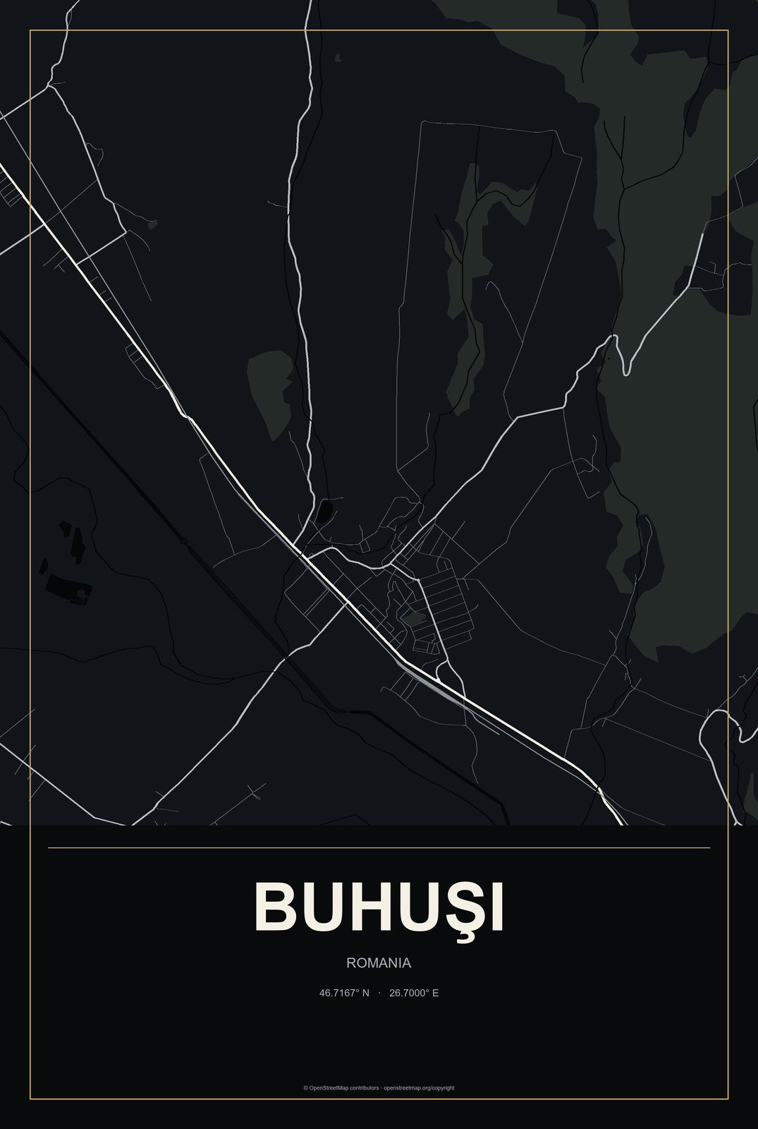 Buhuşi, Romania City Map Aluminum Sign in Metropolitan Noir style