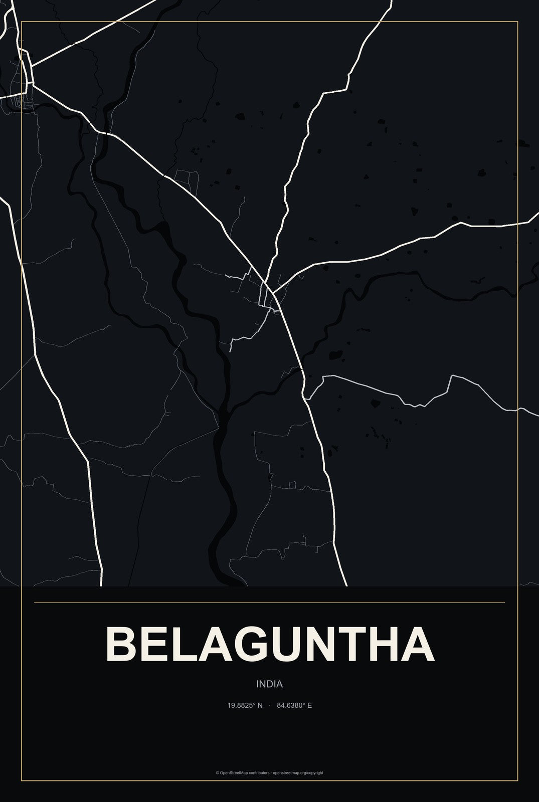 Belaguntha, India City Map Aluminum Sign in Metropolitan Noir style