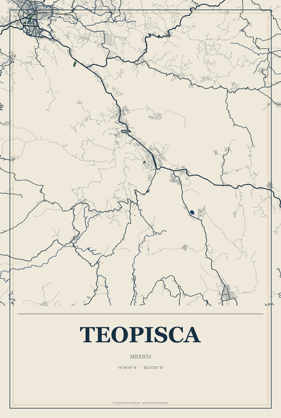 Teopisca, Mexico City Map Aluminum Sign in Coastal Cutout style