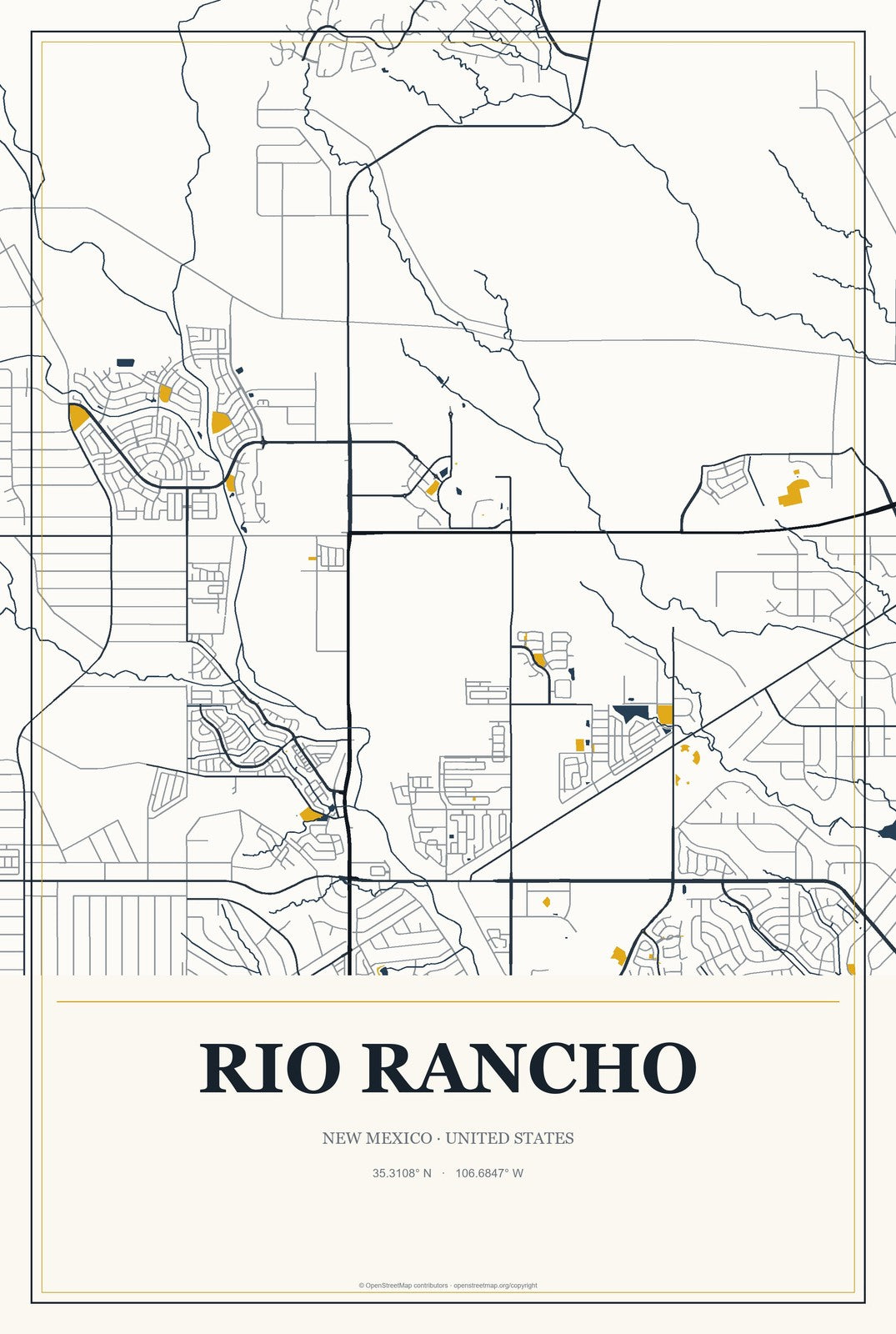 Rio Rancho, New Mexico City Map Aluminum Sign in Citrine Modern style