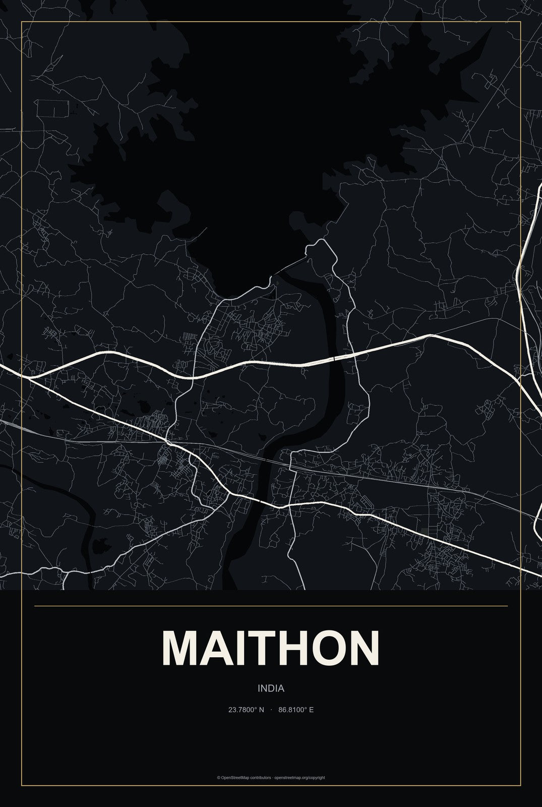 Maithon, India City Map Aluminum Sign in Metropolitan Noir style