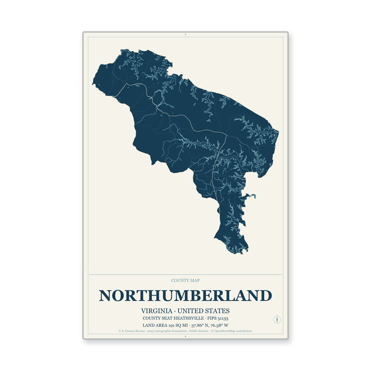 Northumberland County, Virginia Map Aluminum Sign in Coastal Cutout style