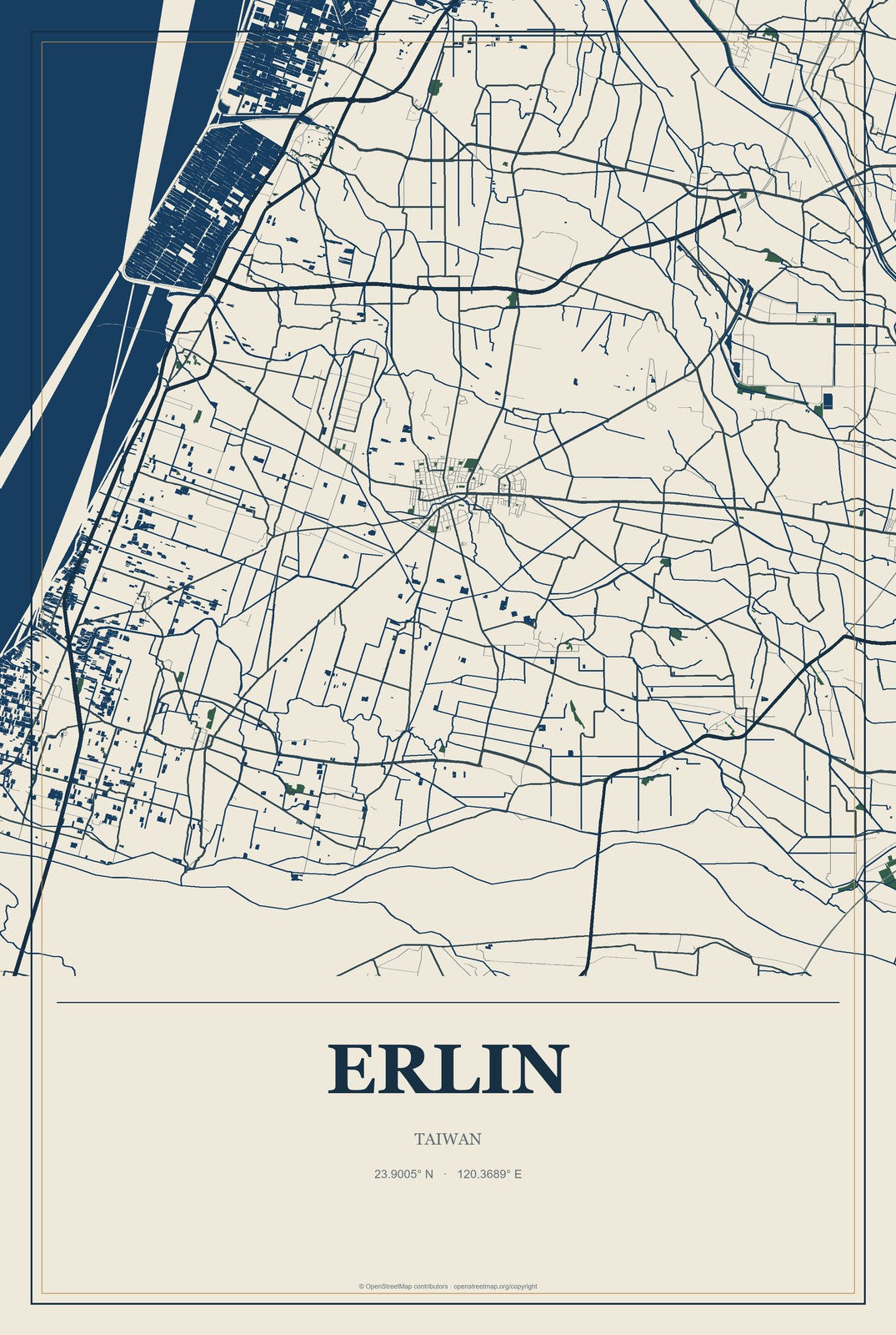 Erlin, Taiwan City Map Aluminum Sign in Coastal Cutout style