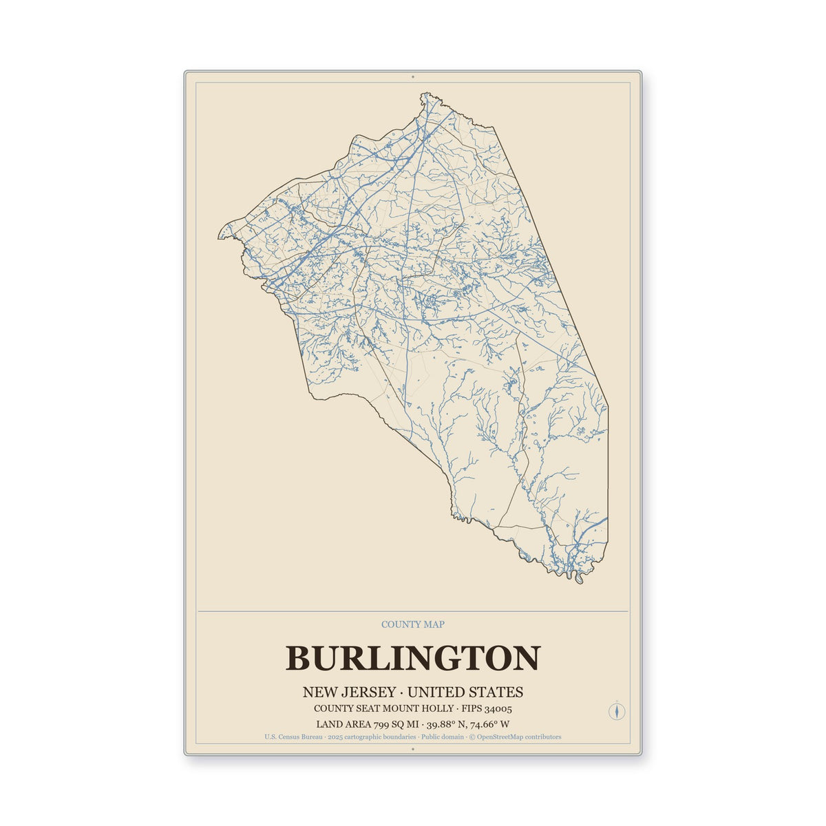 Burlington County, New Jersey Map Aluminum Sign in Heritage Nautical style