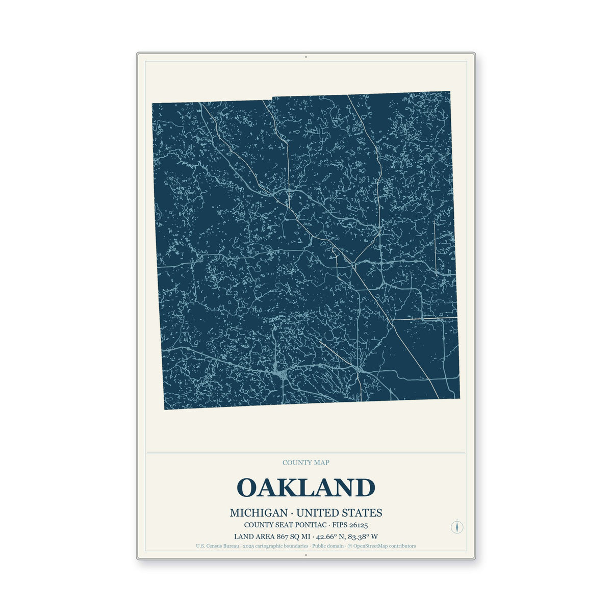 Oakland County, Michigan Map Aluminum Sign in Coastal Cutout style