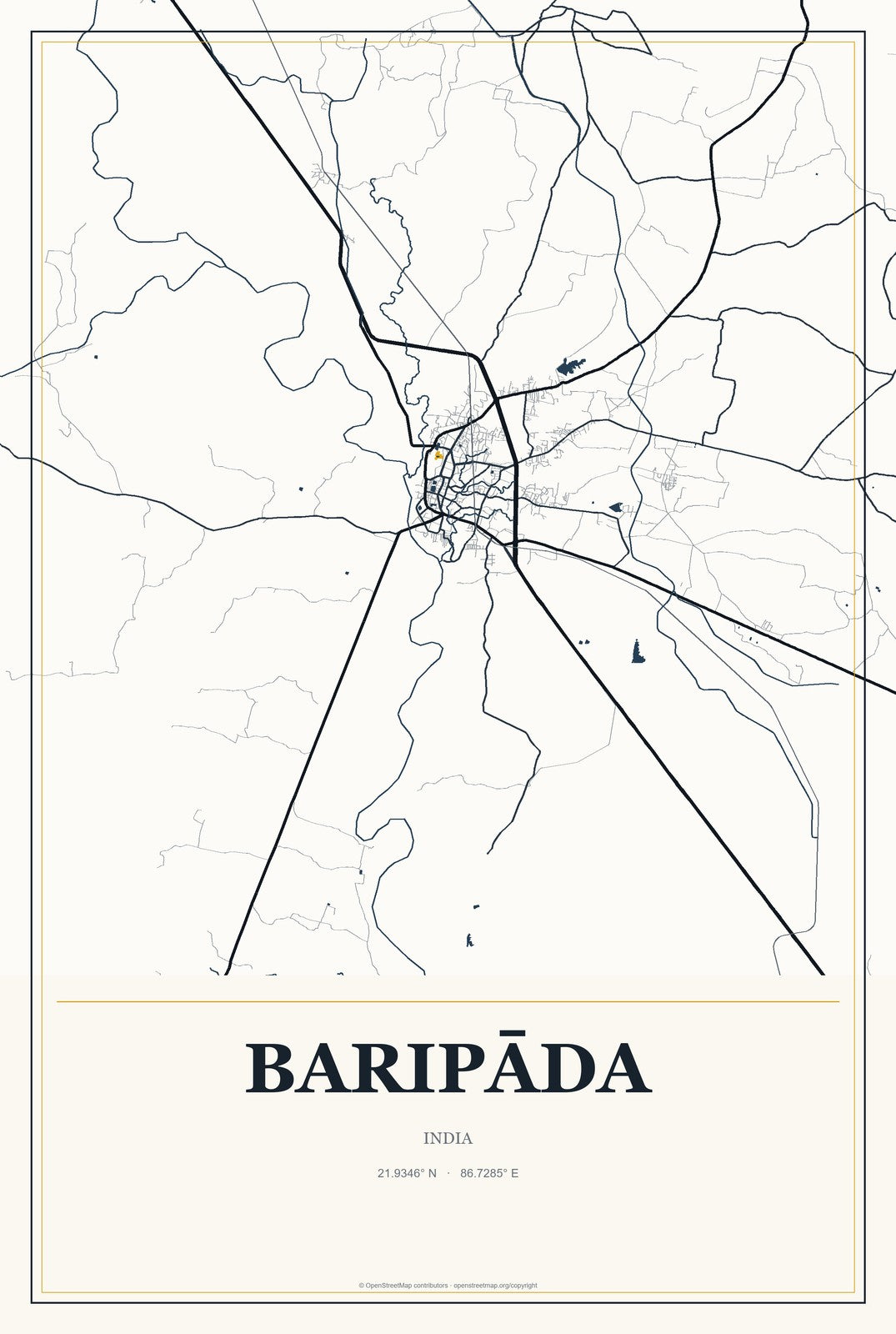 Baripāda, India City Map Aluminum Sign in Citrine Modern style