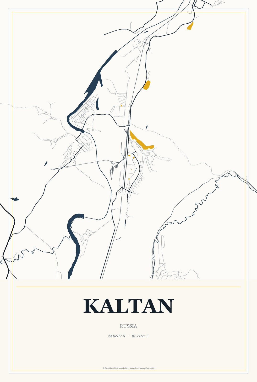 Kaltan, Russia City Map Aluminum Sign in Citrine Modern style