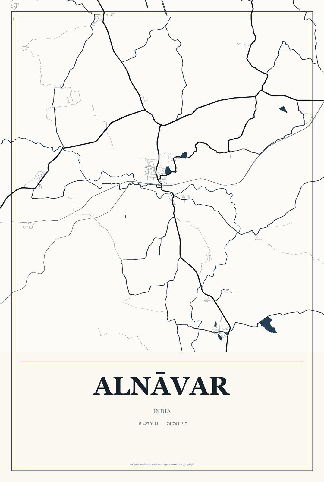 Alnāvar, India City Map Aluminum Sign in Citrine Modern style