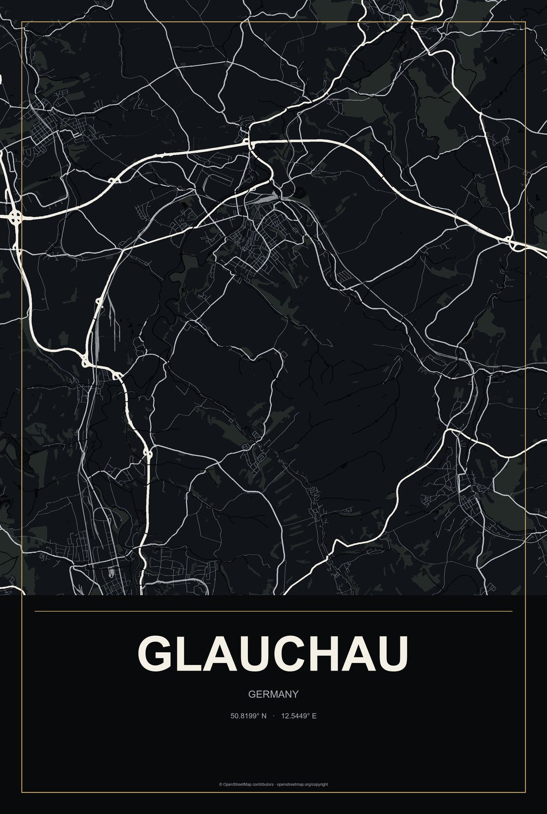 Glauchau, Germany City Map Aluminum Sign in Metropolitan Noir style
