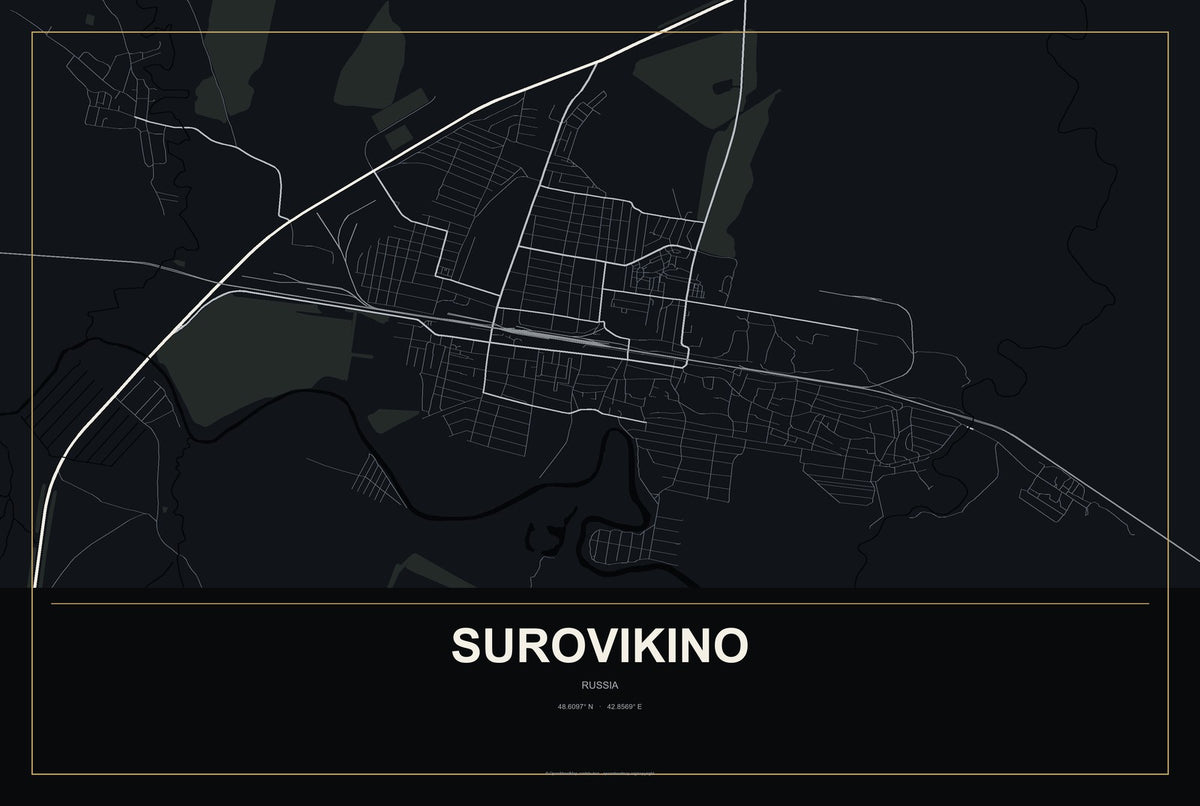 Surovikino, Russia City Map Aluminum Sign in Metropolitan Noir style
