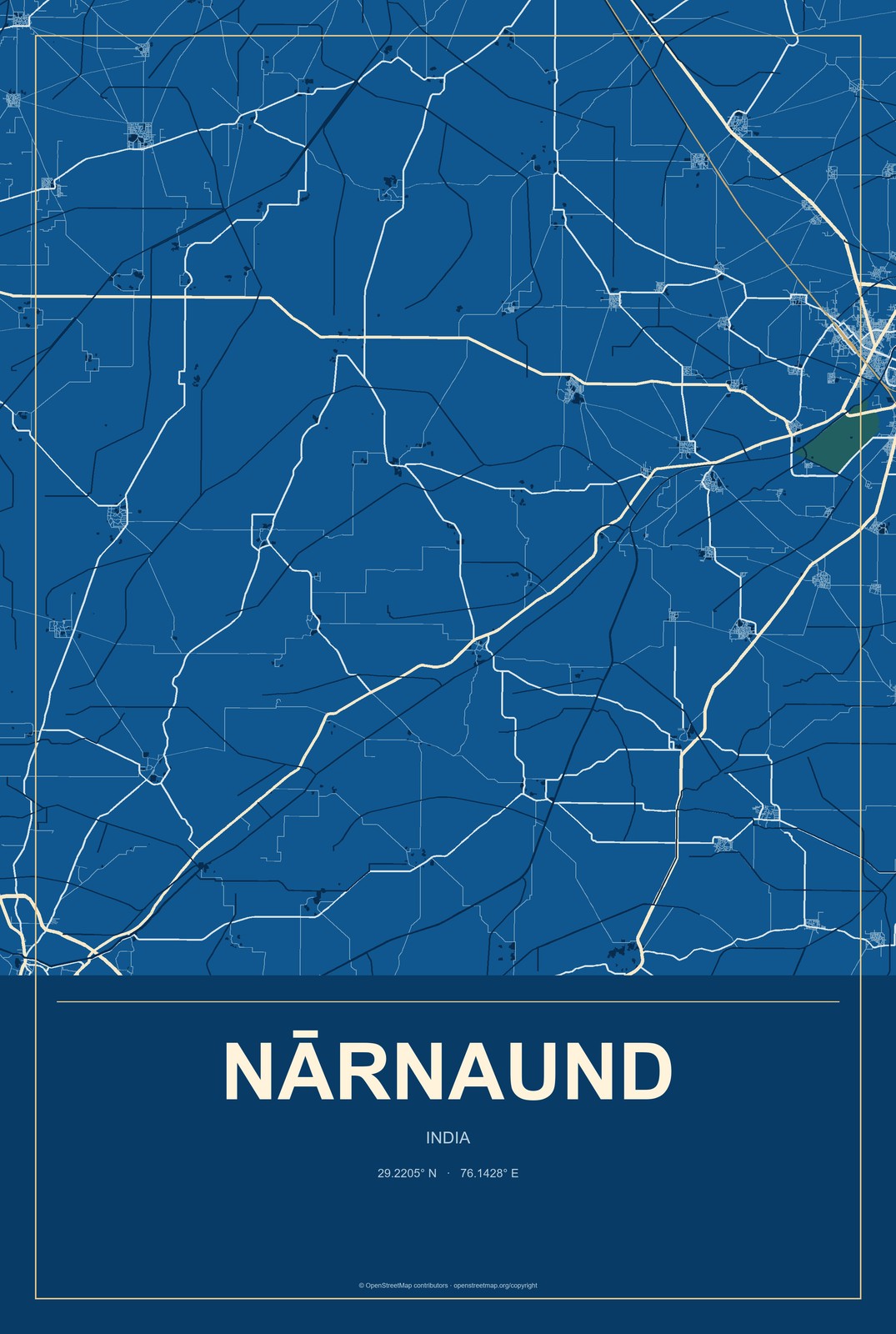 Nārnaund, India City Map Aluminum Sign in Harbor Cobalt style