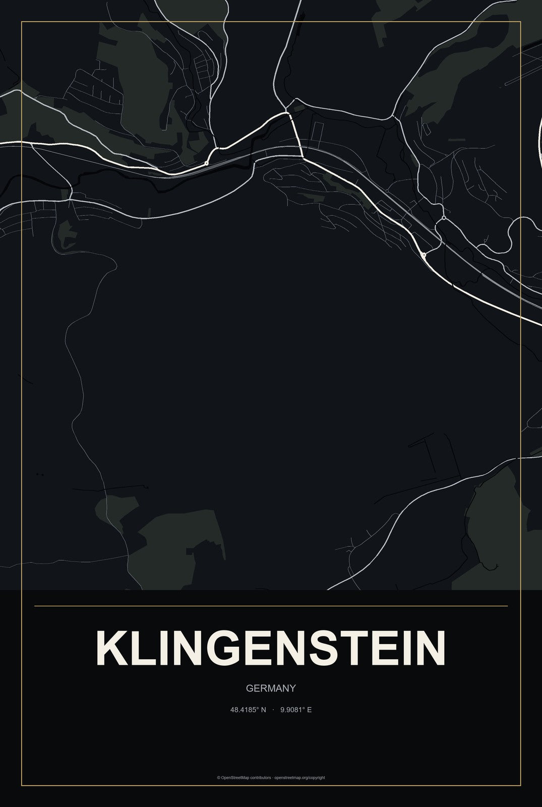 Klingenstein, Germany City Map Aluminum Sign in Metropolitan Noir style