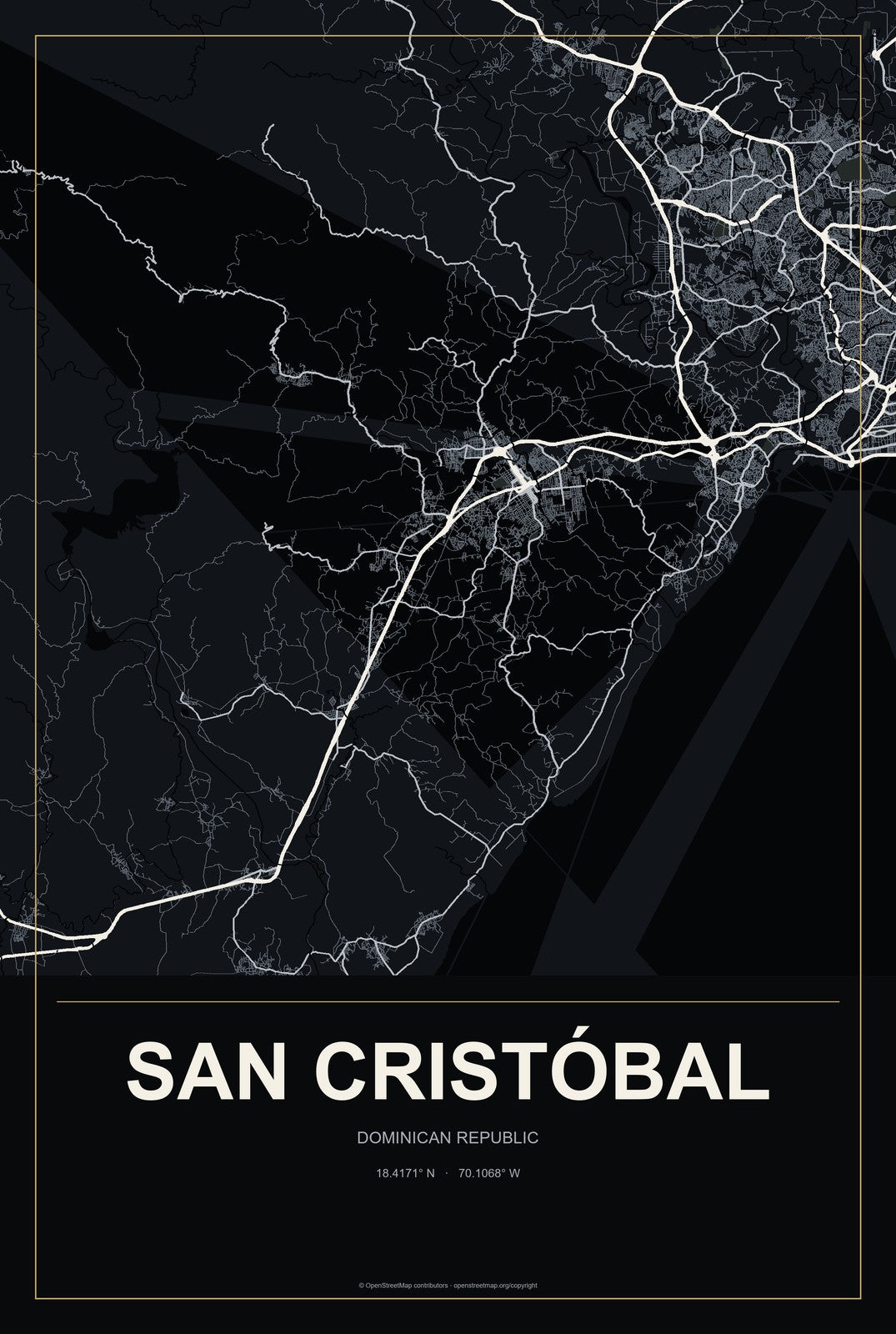 San Cristóbal, Dominican Republic City Map Aluminum Sign in Metropolitan Noir style