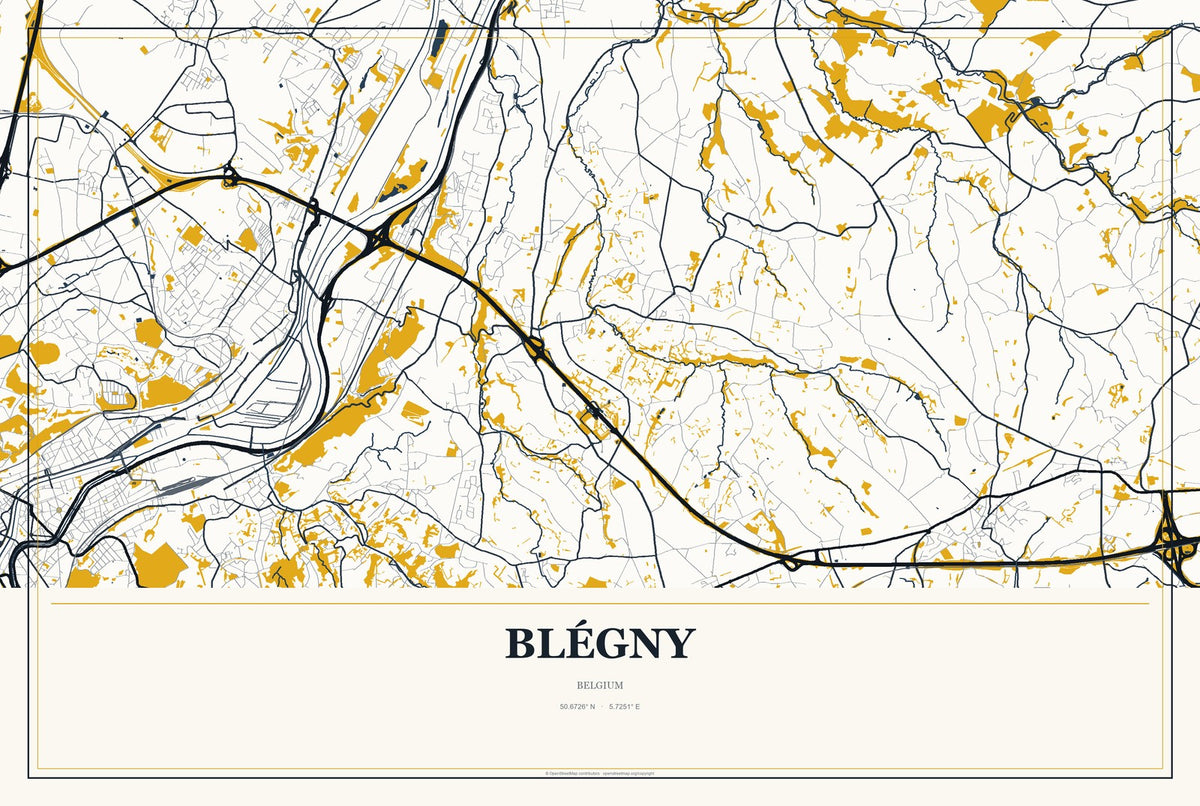 Blégny, Belgium City Map Aluminum Sign in Citrine Modern style