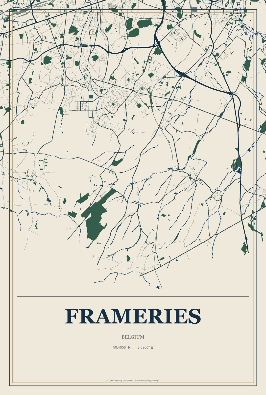 Frameries, Belgium City Map Aluminum Sign in Coastal Cutout style