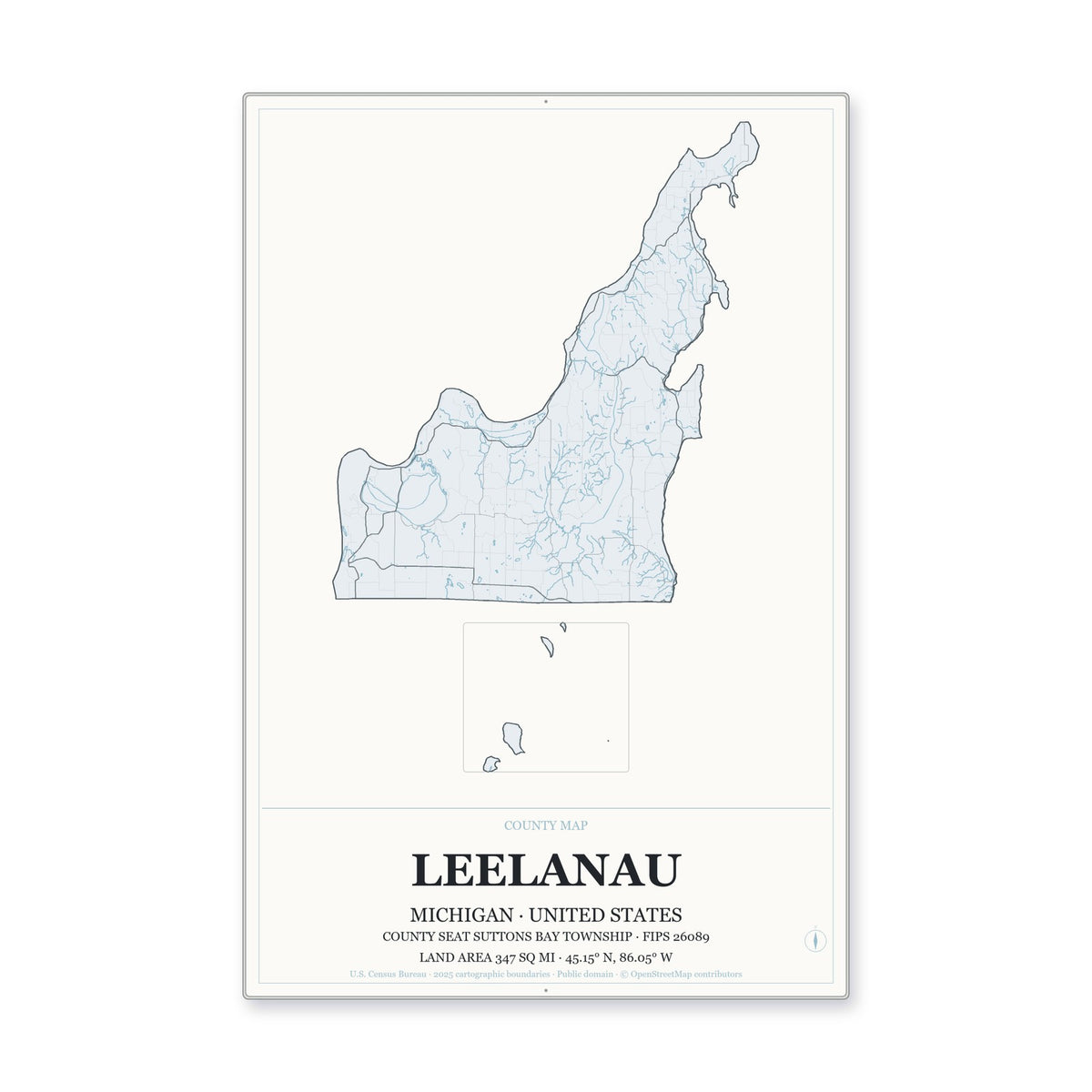 Leelanau County, Michigan Map Aluminum Sign in Gallery Air style