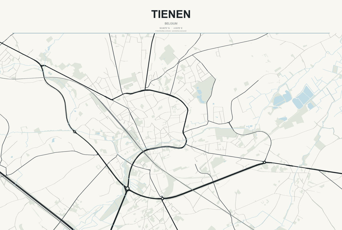 Tienen, Belgium City Map Aluminum Sign in Headline Atlas style
