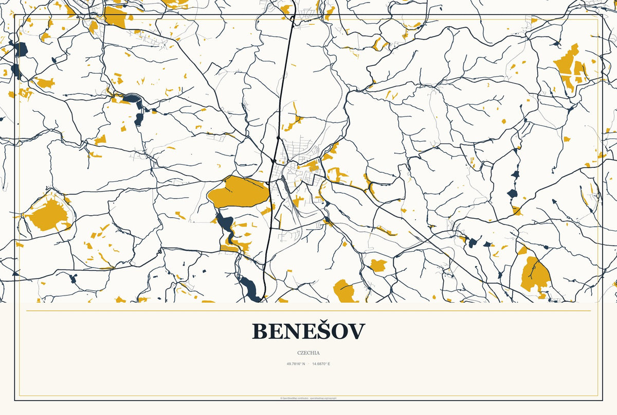 Benešov, Czechia City Map Aluminum Sign in Citrine Modern style