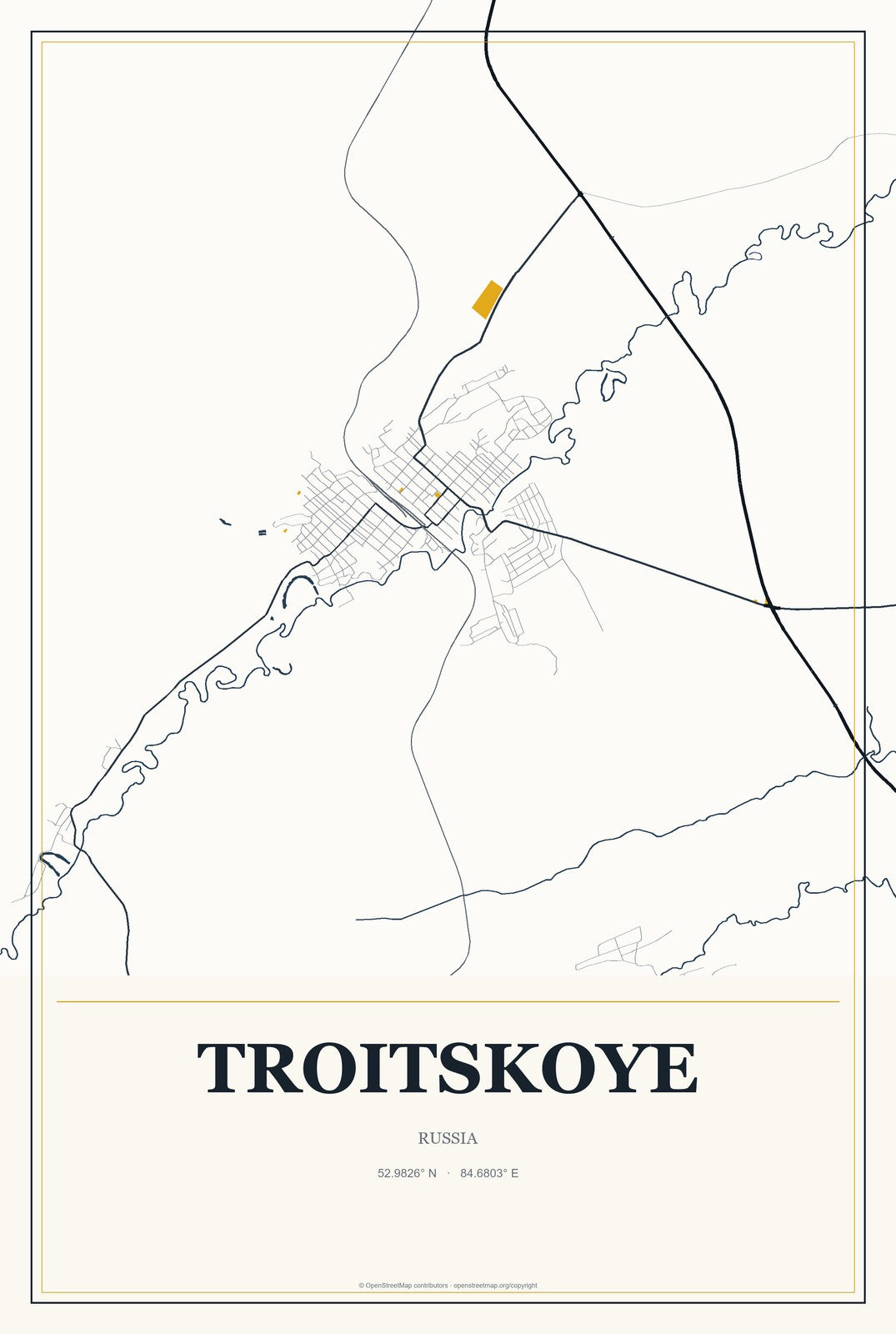 Troitskoye, Kalmykiya Republic, Russia City Map Aluminum Sign in Citrine Modern style
