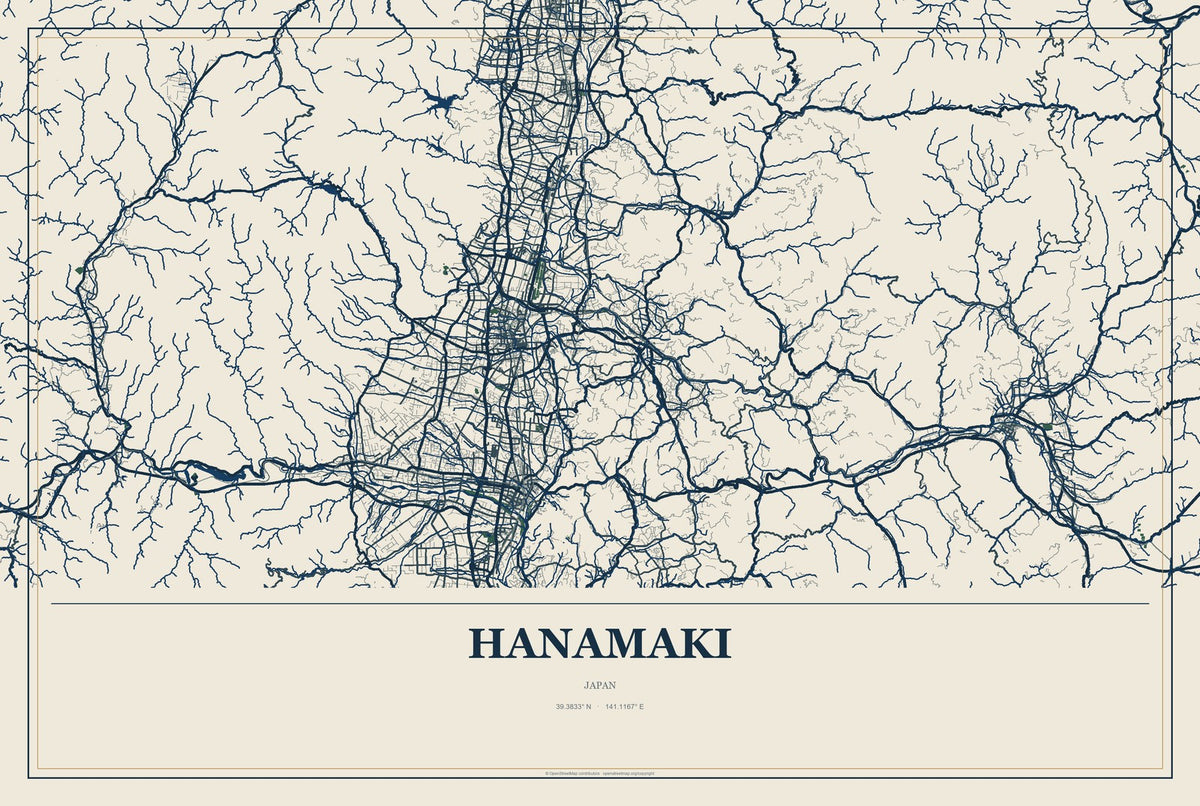Hanamaki, Japan City Map Aluminum Sign in Coastal Cutout style