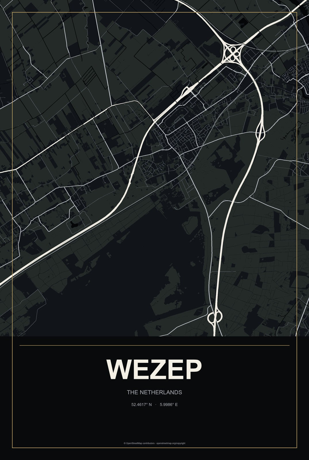 Wezep, The Netherlands City Map Aluminum Sign in Metropolitan Noir style