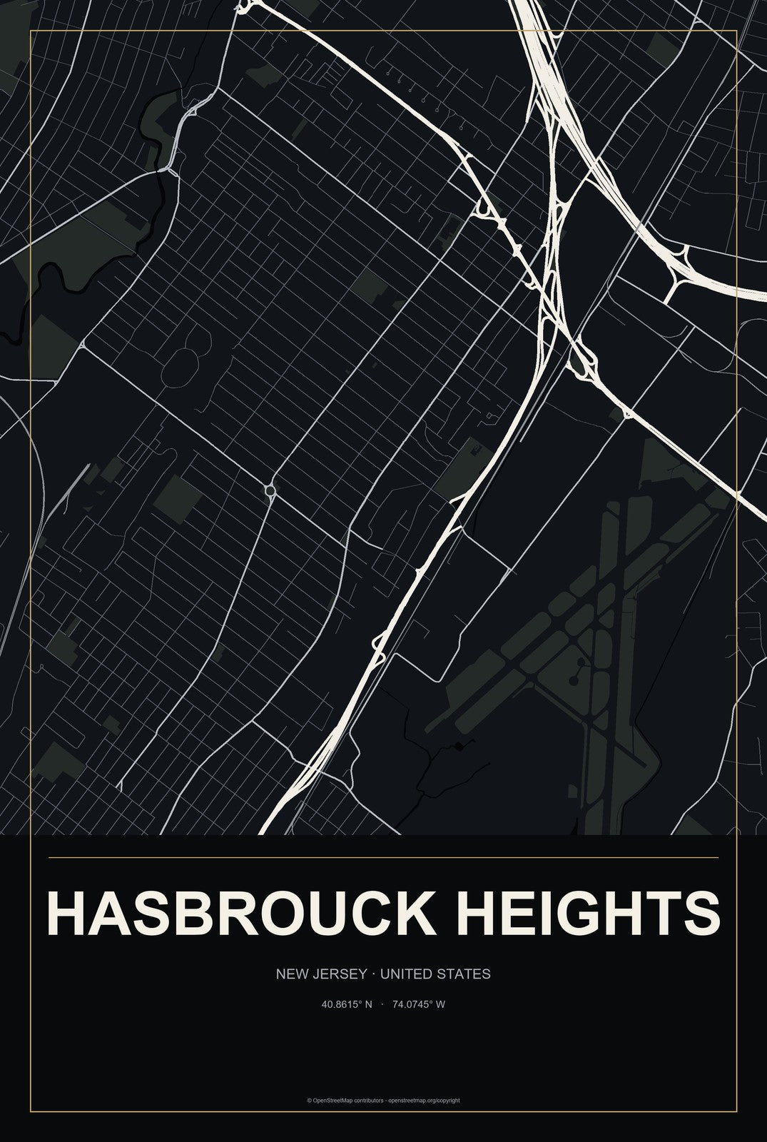 Hasbrouck Heights, New Jersey City Map Aluminum Sign in Metropolitan Noir style