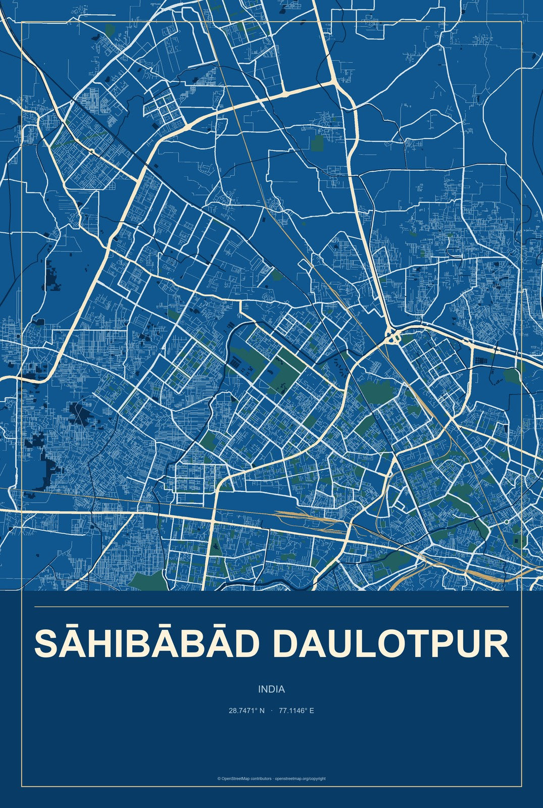 Sāhibābād Daulotpur, India City Map Aluminum Sign in Harbor Cobalt style
