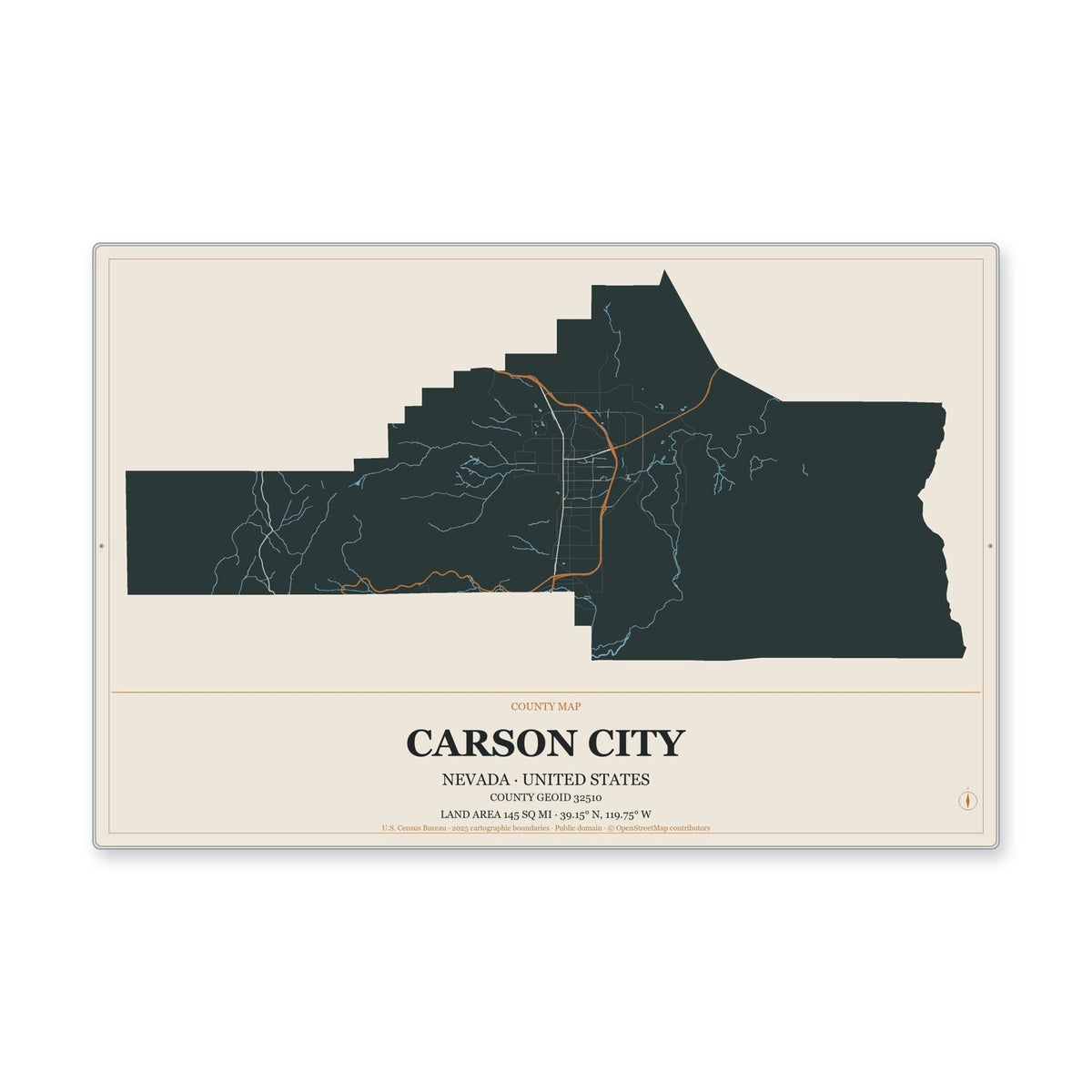 Carson City, Nevada Map Aluminum Sign in Headline Atlas style