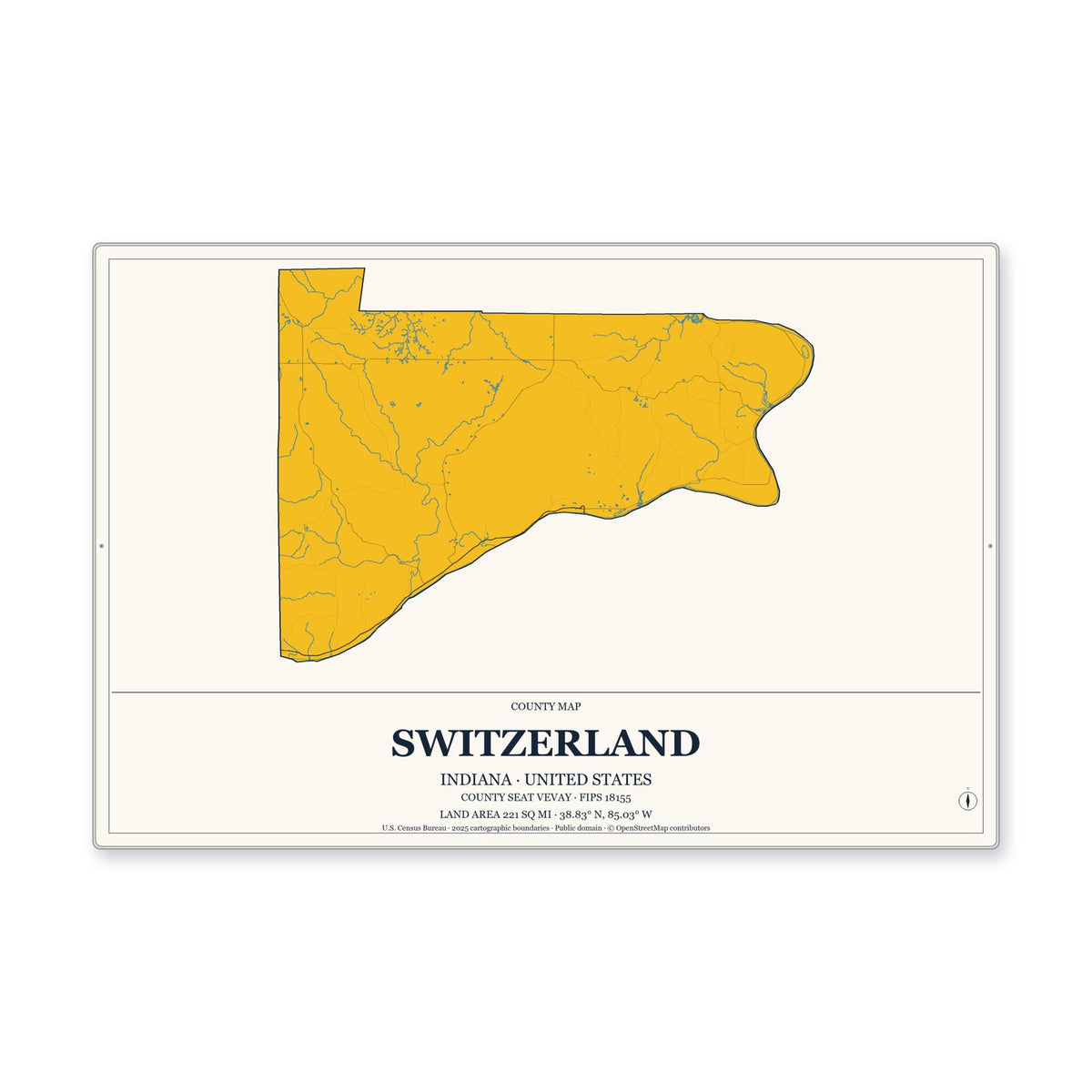 Switzerland County, Indiana Map Aluminum Sign in Citrine Modern style