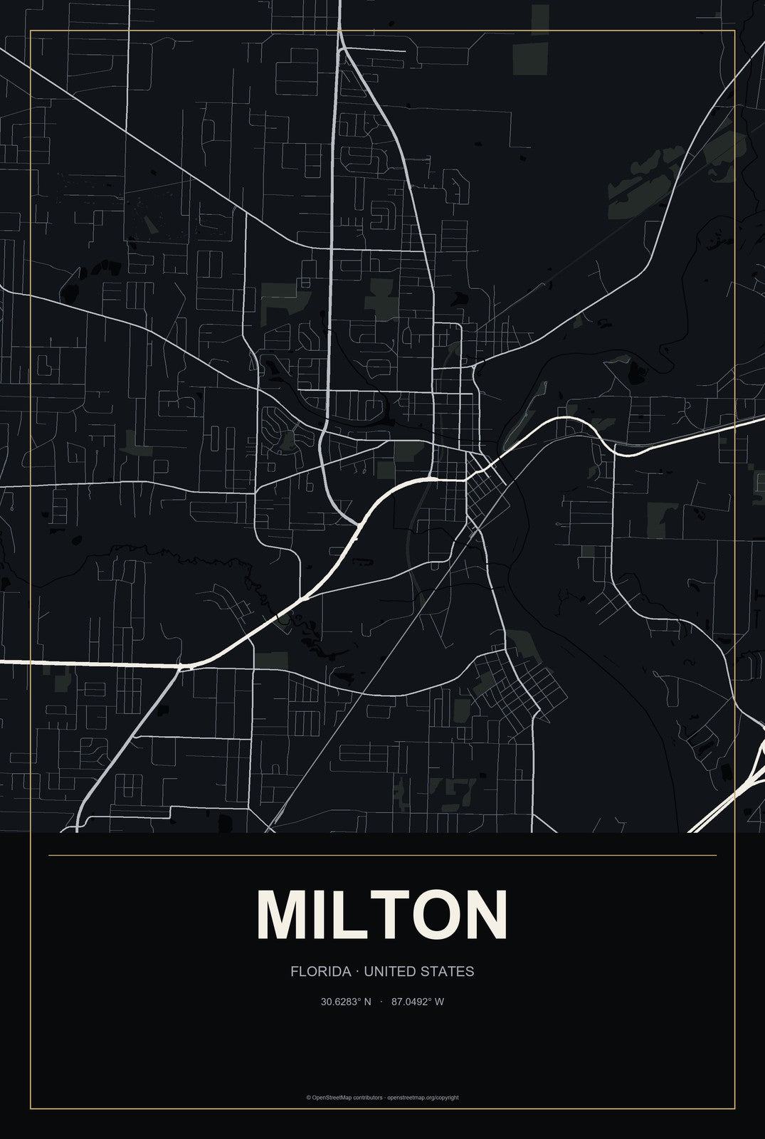 Milton, Florida City Map Aluminum Sign in Metropolitan Noir style
