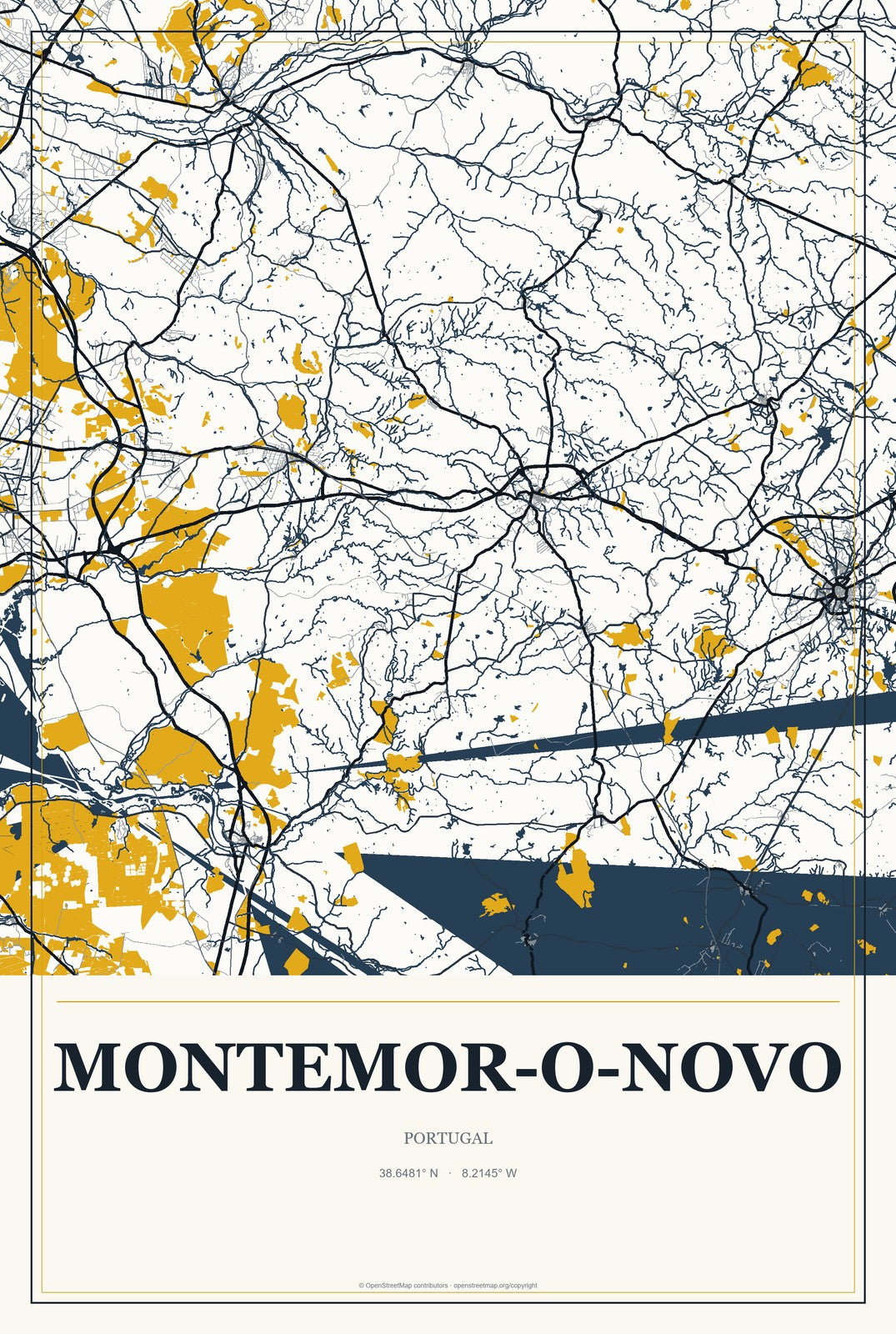 Montemor-o-Novo, Portugal City Map Aluminum Sign in Citrine Modern style