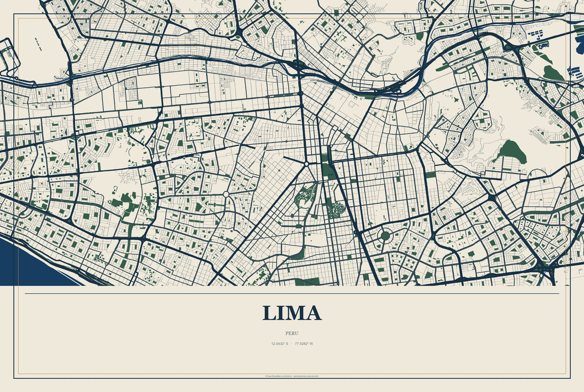 Lima, Peru City Map Aluminum Sign in Coastal Cutout style