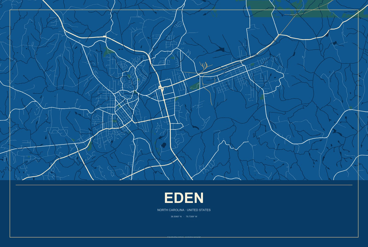 Eden, North Carolina City Map Aluminum Sign in Harbor Cobalt style