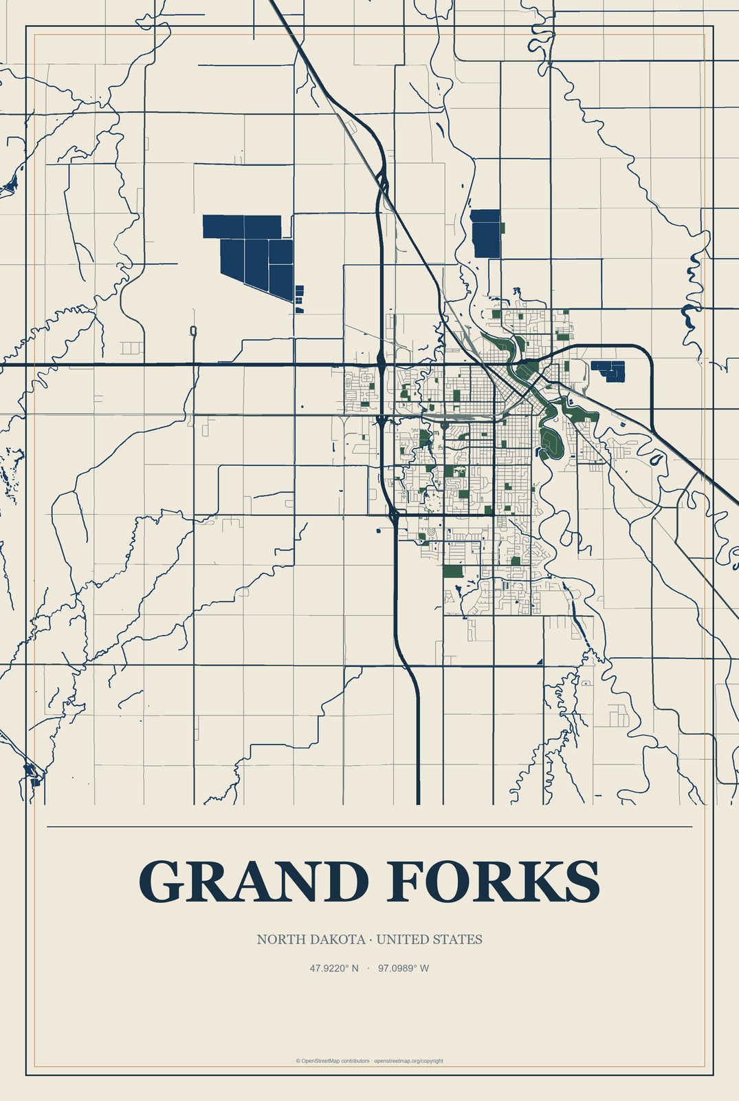 Grand Forks, North Dakota City Map Aluminum Sign in Coastal Cutout style