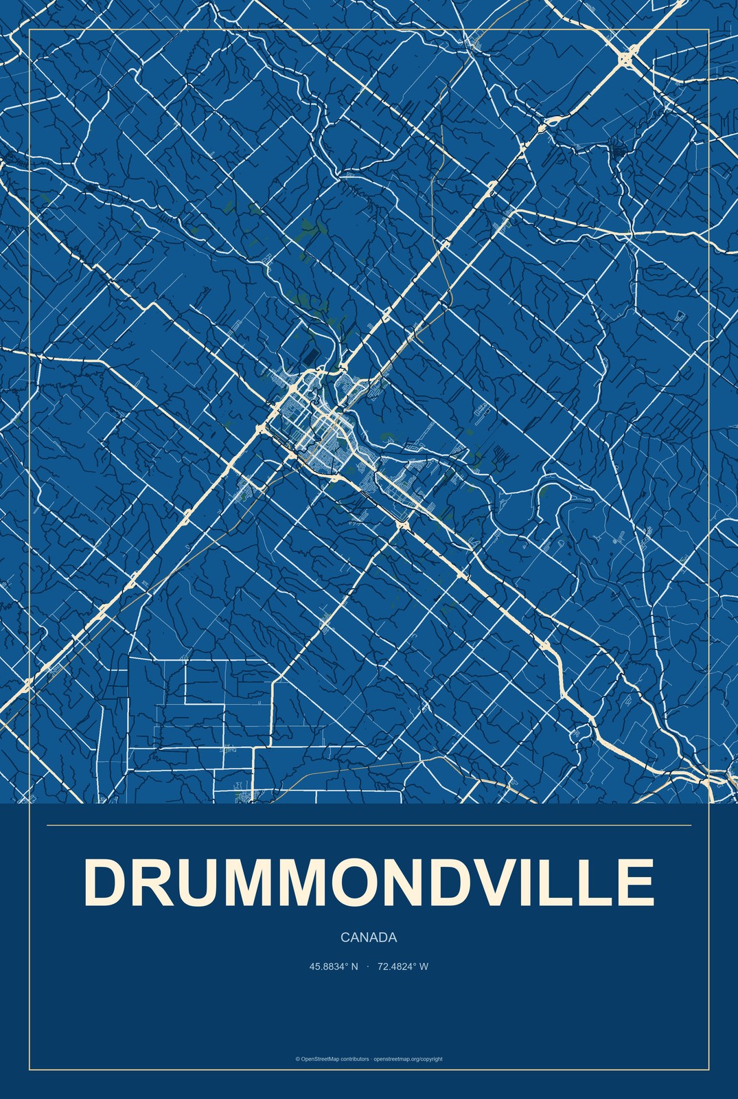 Drummondville, Canada City Map Aluminum Sign in Harbor Cobalt style
