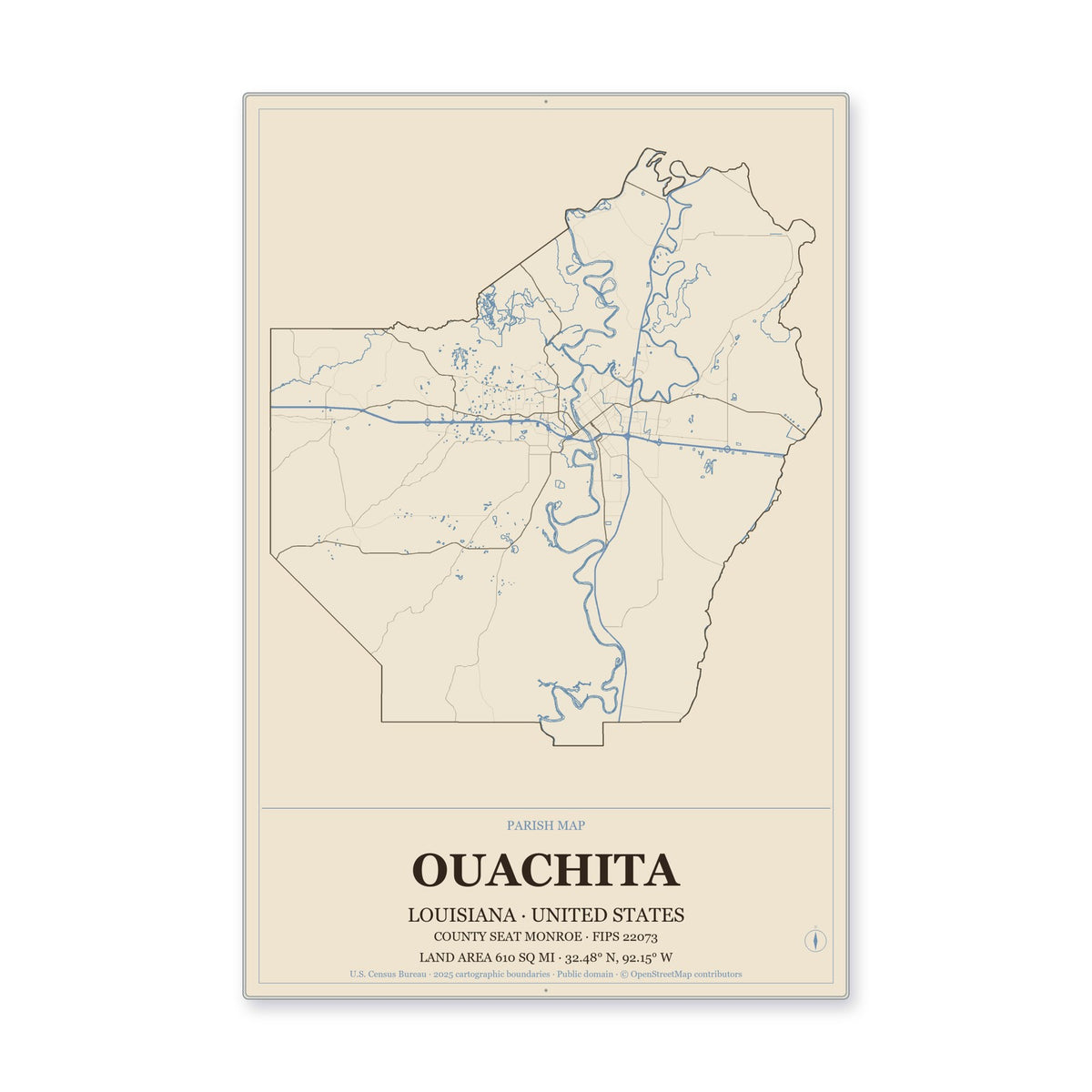 Ouachita Parish, Louisiana Map Aluminum Sign in Heritage Nautical style