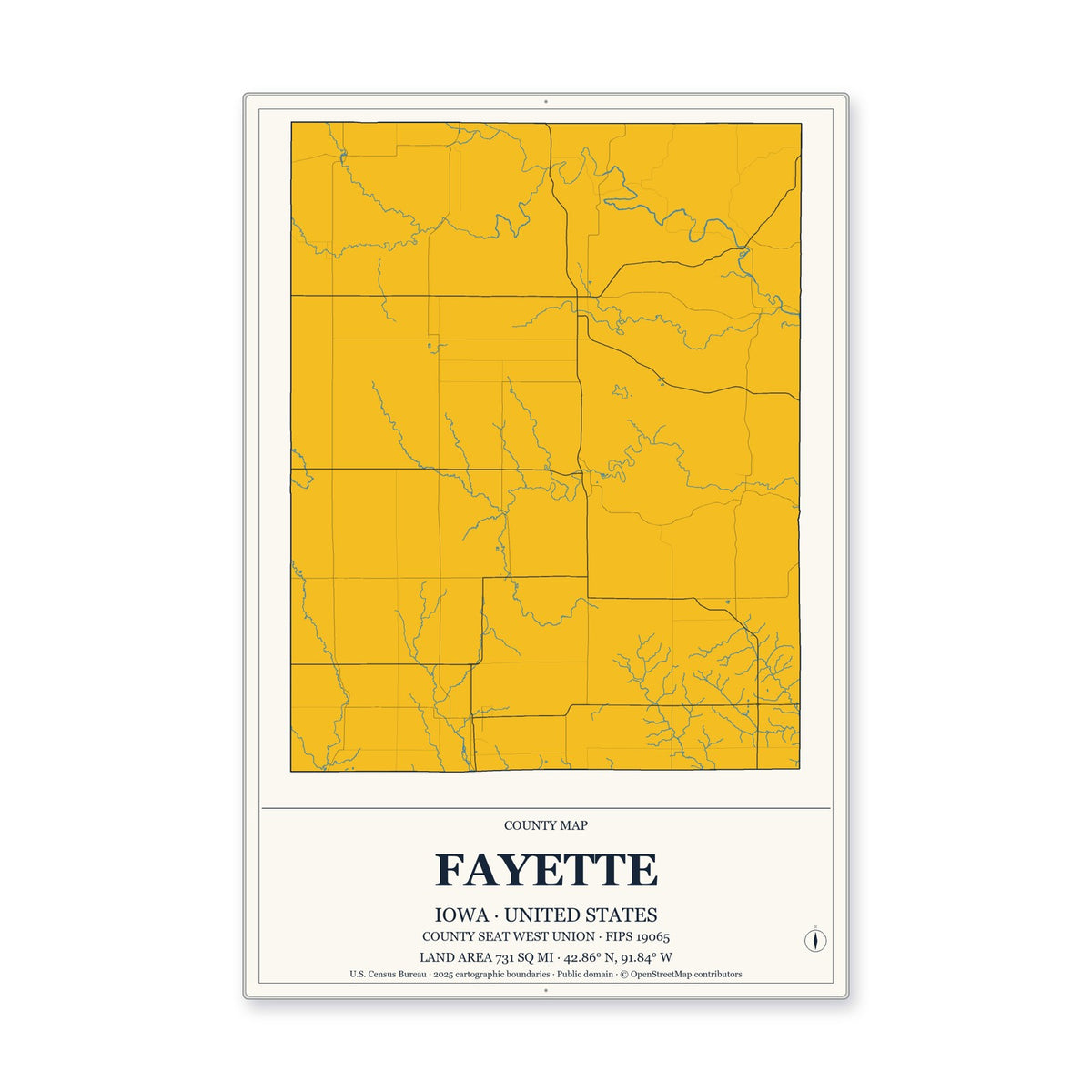 Fayette County, Iowa Map Aluminum Sign in Citrine Modern style
