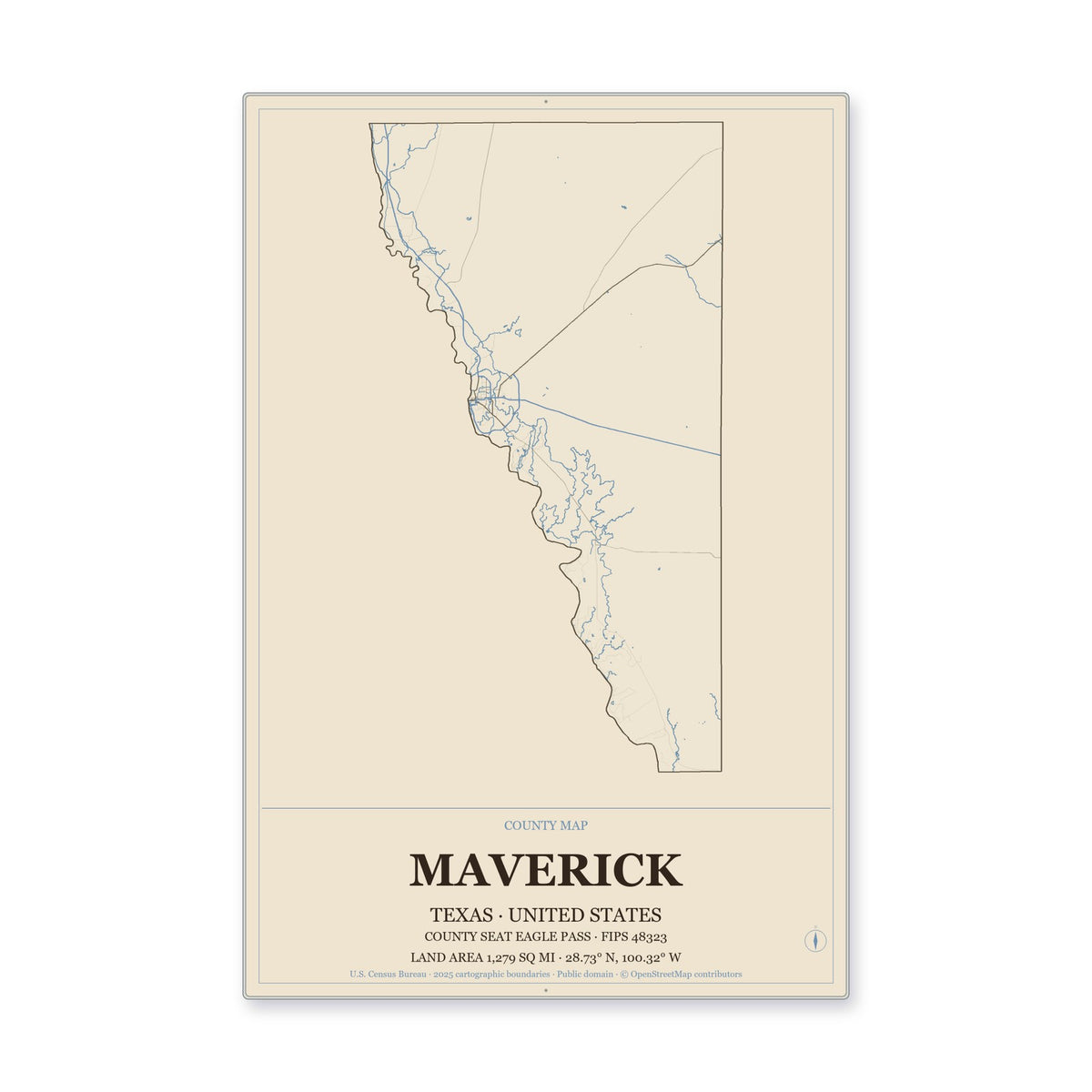 Maverick County, Texas Map Aluminum Sign in Heritage Nautical style