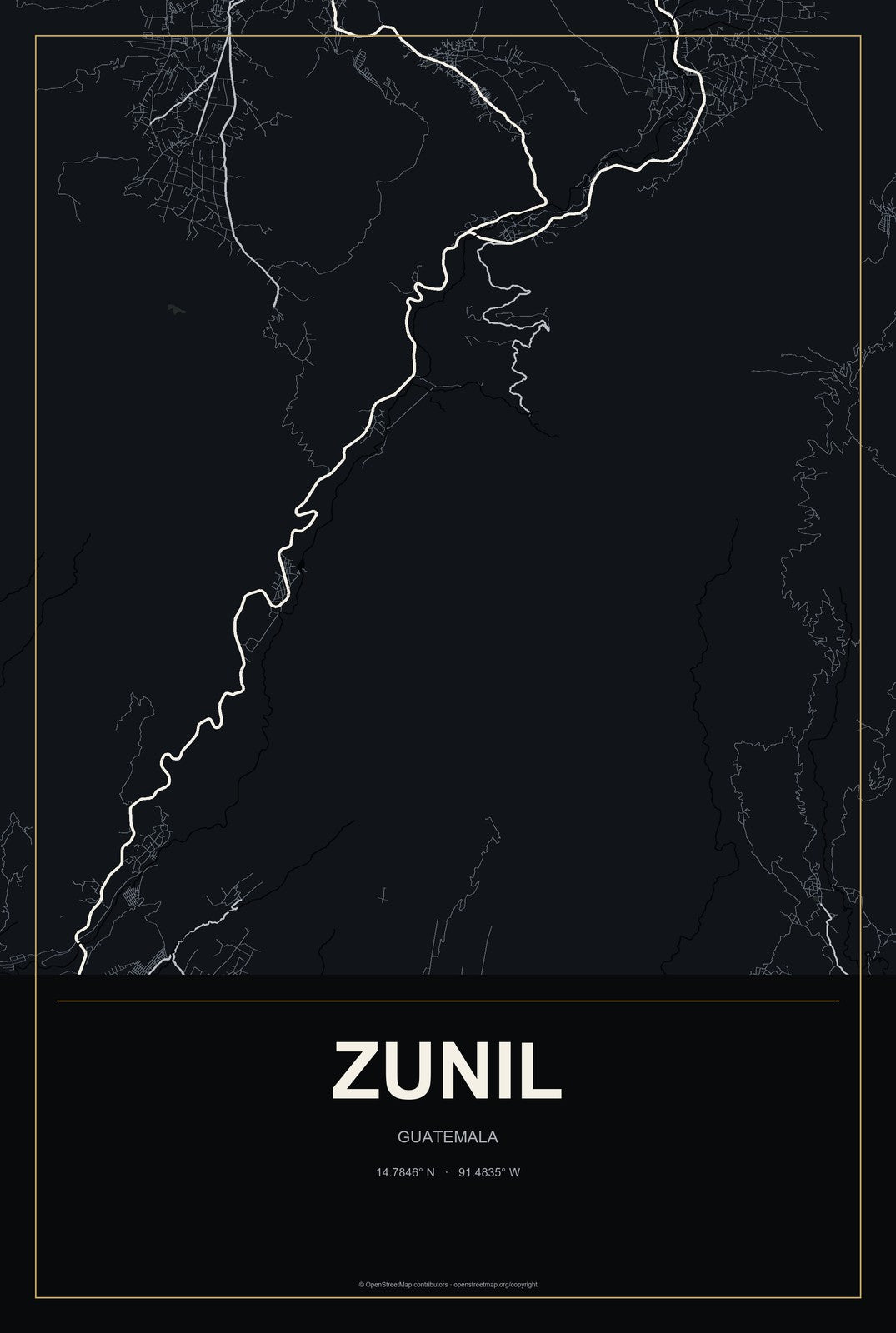 Zunil, Guatemala City Map Aluminum Sign in Metropolitan Noir style