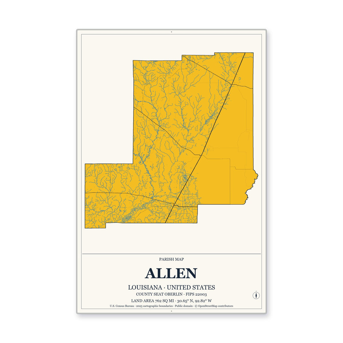 Allen Parish, Louisiana Map Aluminum Sign in Citrine Modern style