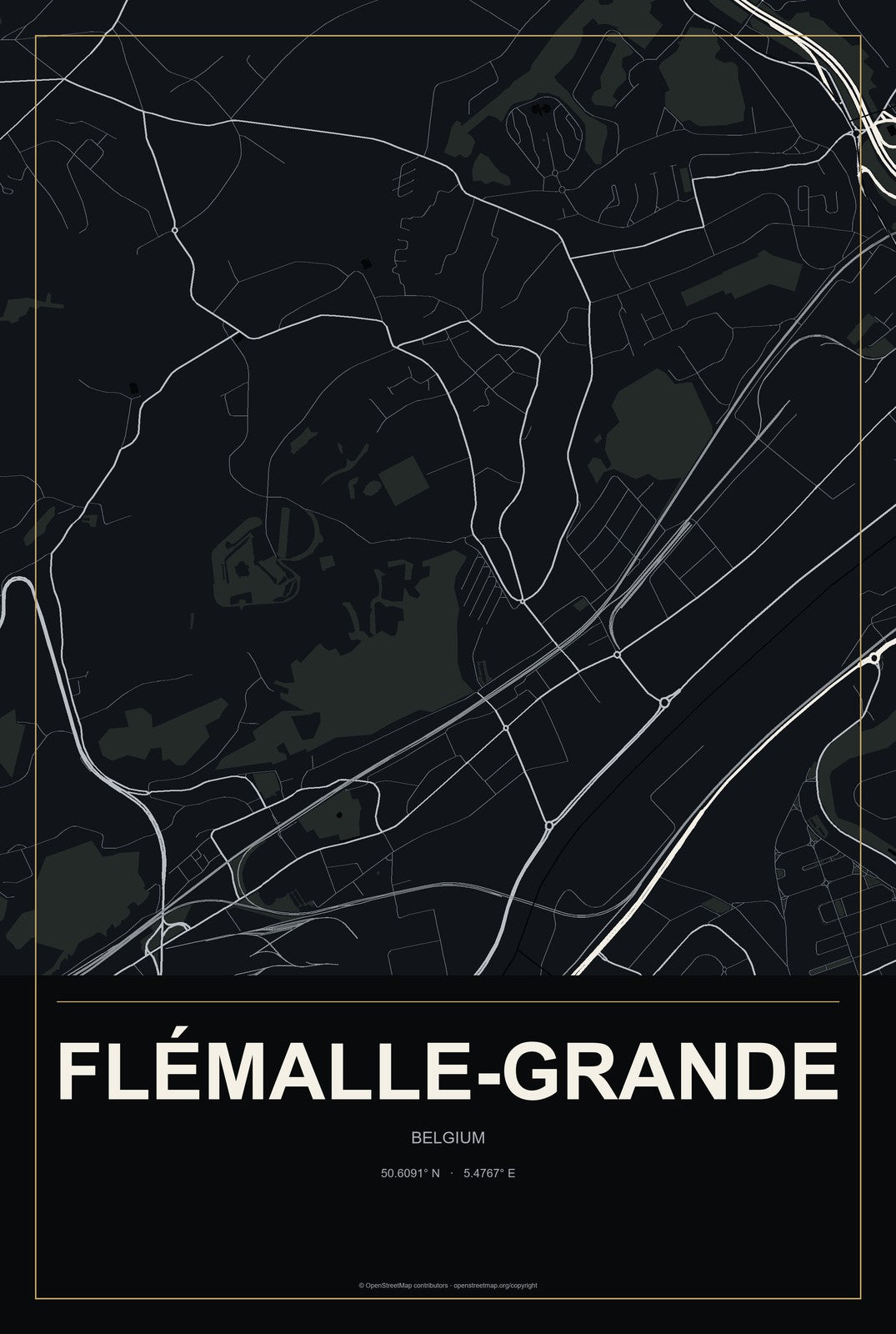 Flémalle-Grande, Belgium City Map Aluminum Sign in Metropolitan Noir style