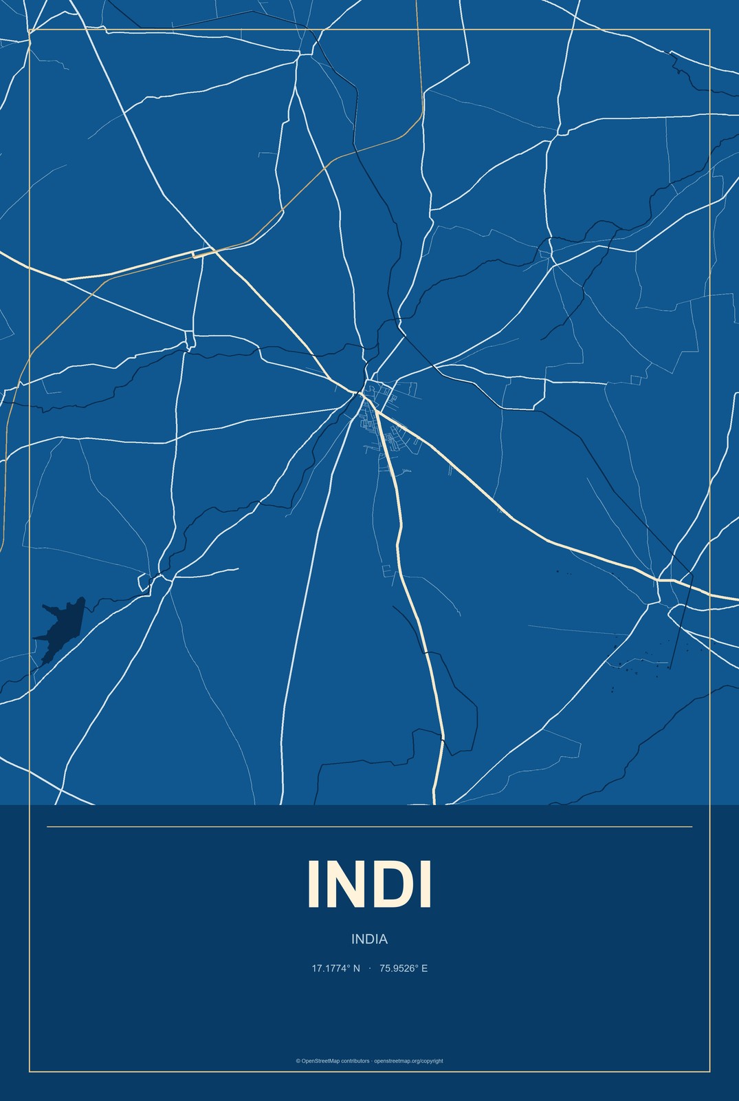 Indi, India City Map Aluminum Sign in Harbor Cobalt style